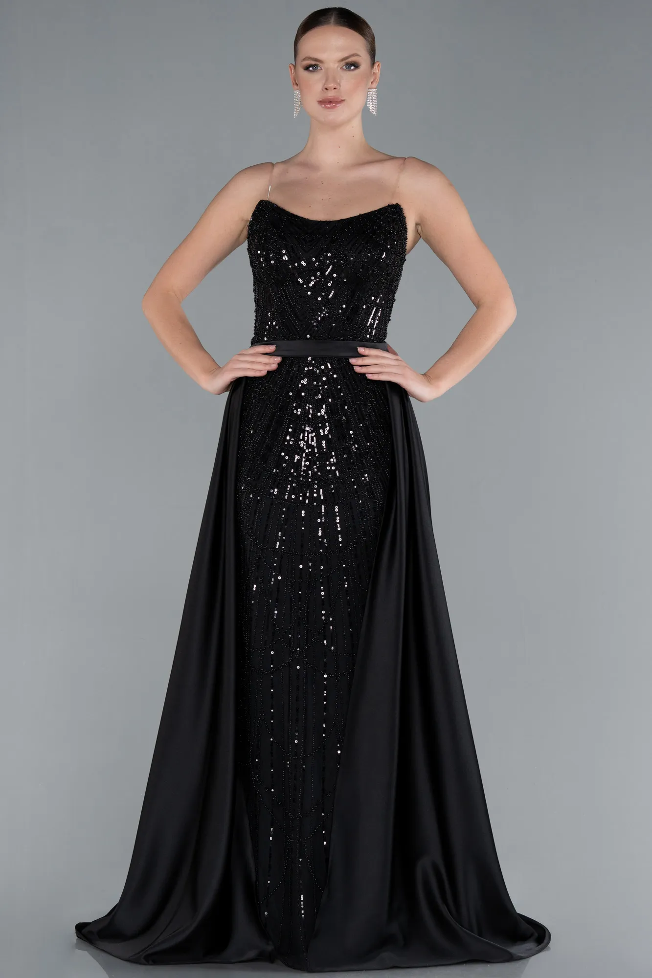 Black-Strapless Satin Tail Long Beaded Evening Gown ABU4745