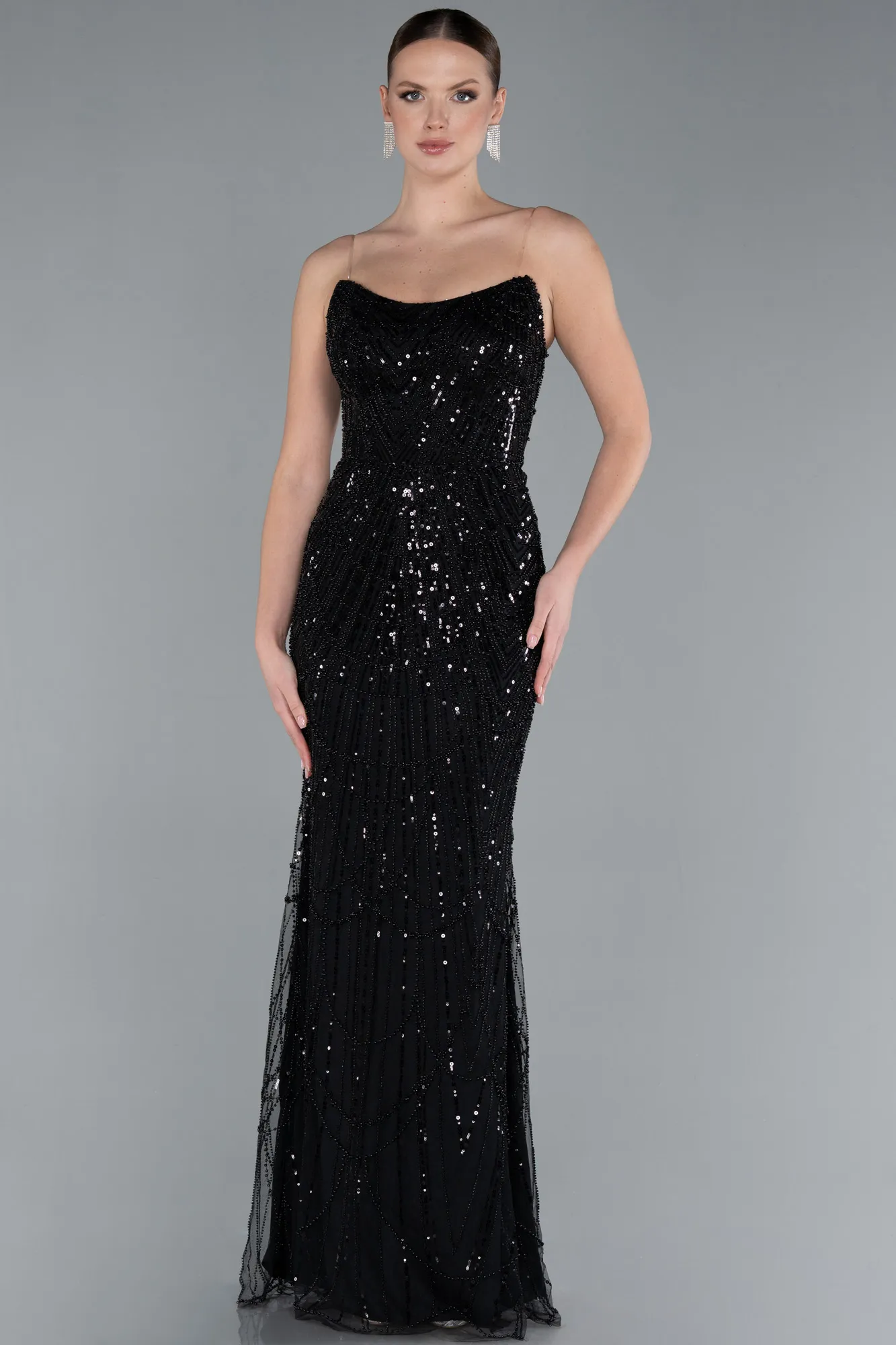Black-Strapless Satin Tail Long Beaded Evening Gown ABU4745