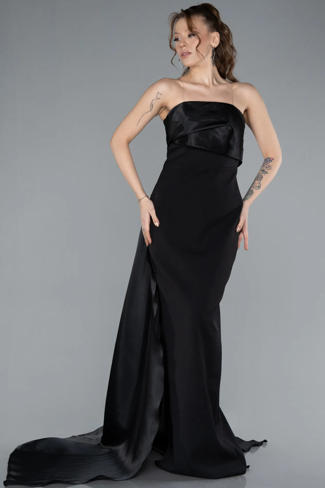 Black-Strapless Satin Train Evening Gown ABU4690