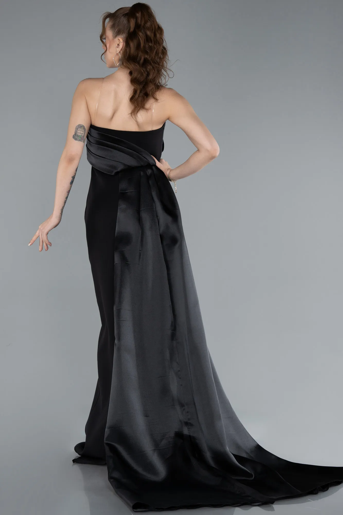 Black-Strapless Satin Train Evening Gown ABU4690