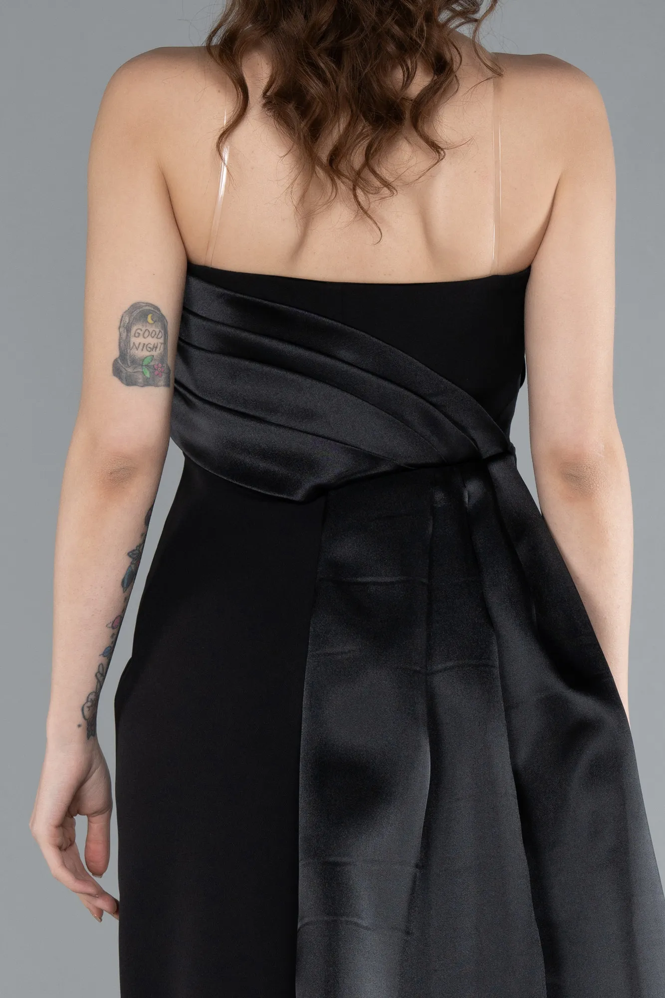 Black-Strapless Satin Train Evening Gown ABU4690