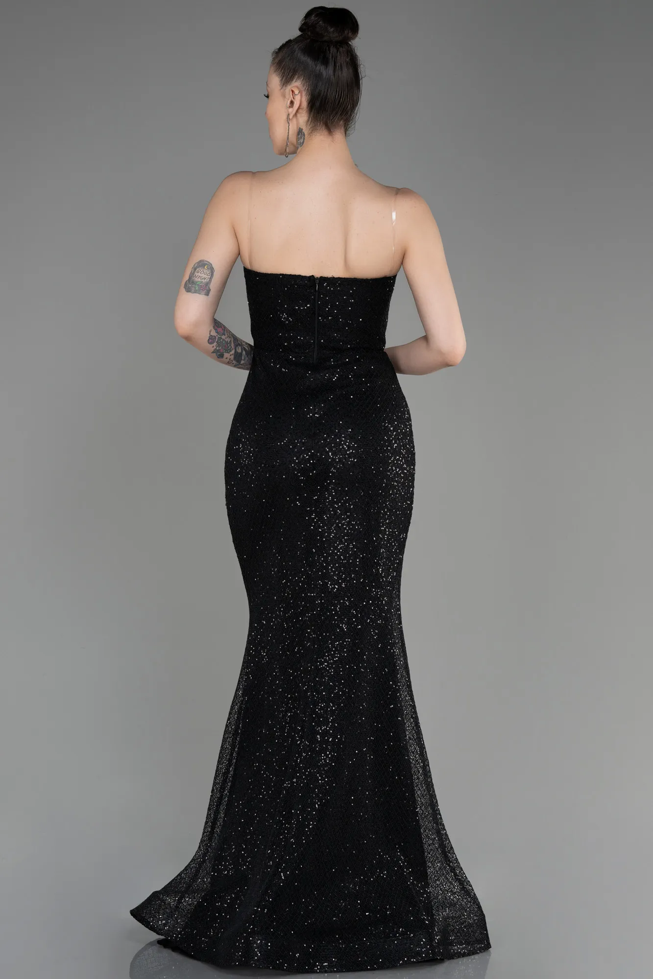 Black-Strapless Scaly Long Mermaid Evening Dress ABU3850