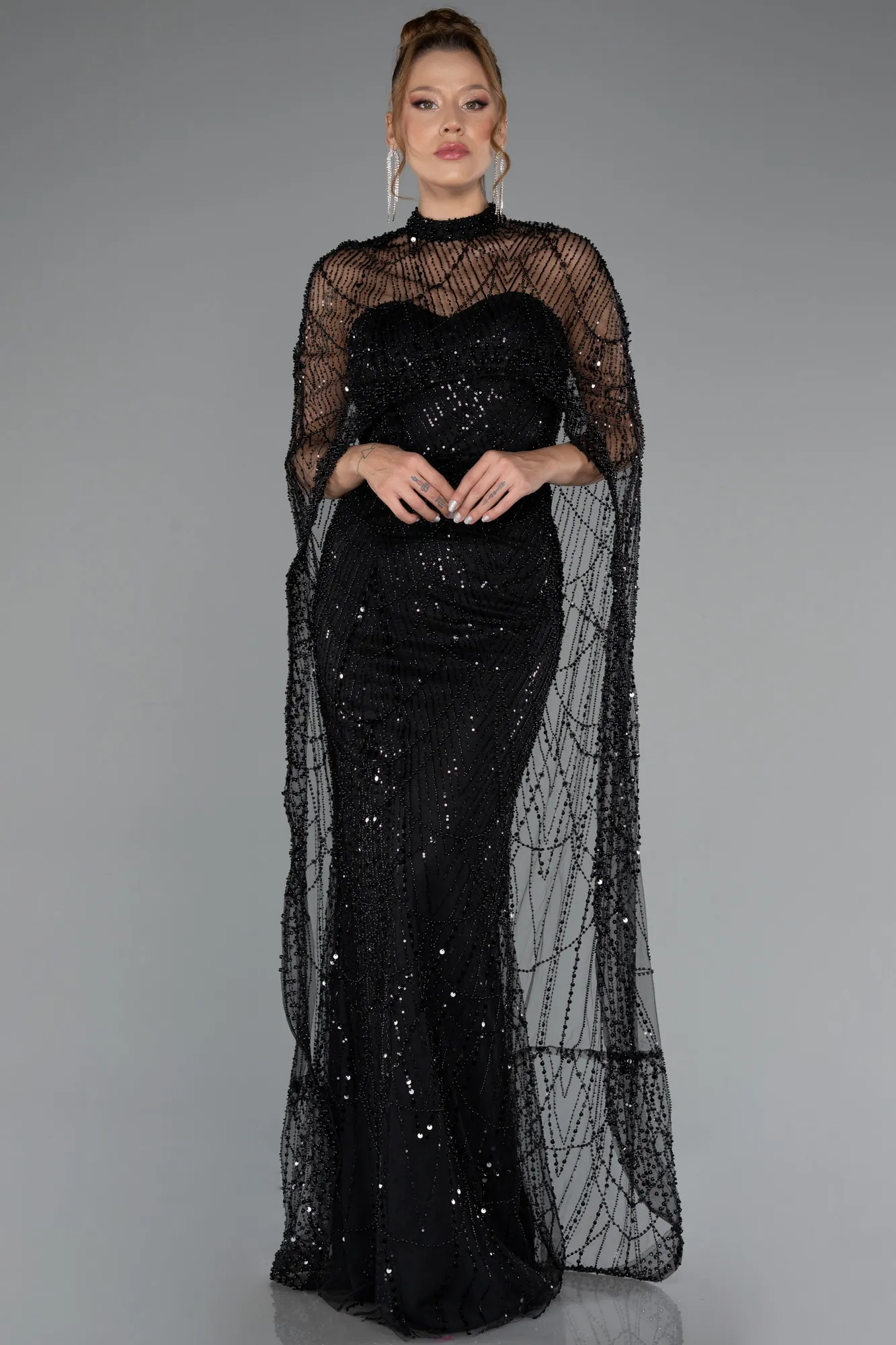 Black-Strapless Shawl Stoned Long Evening Gown ABU4517