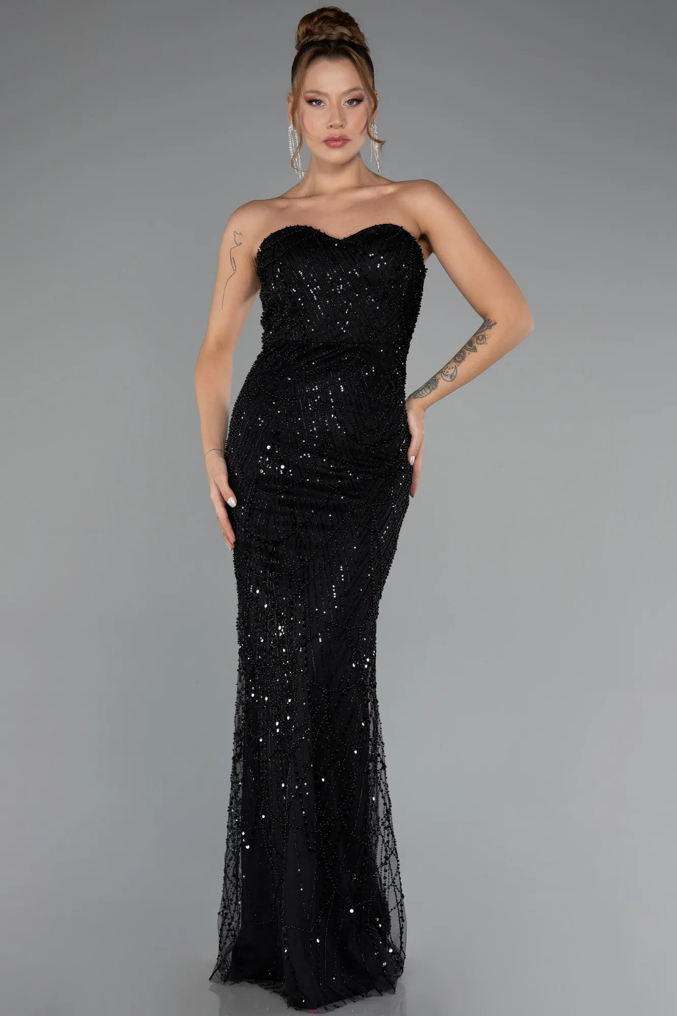 Black-Strapless Shawl Stoned Long Evening Gown ABU4517