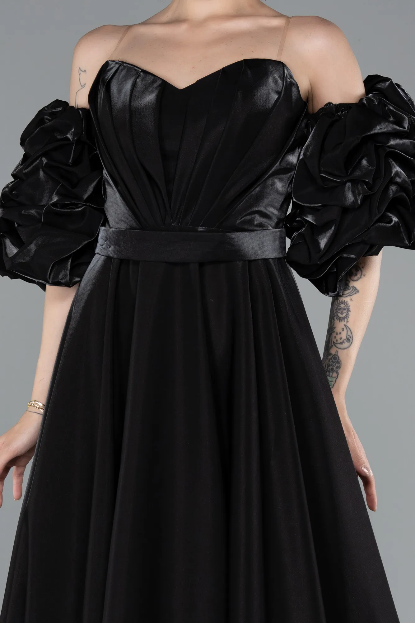 Black-Strapless Sleeve Accessorized Long Taffeta Prom Dress ABU4845