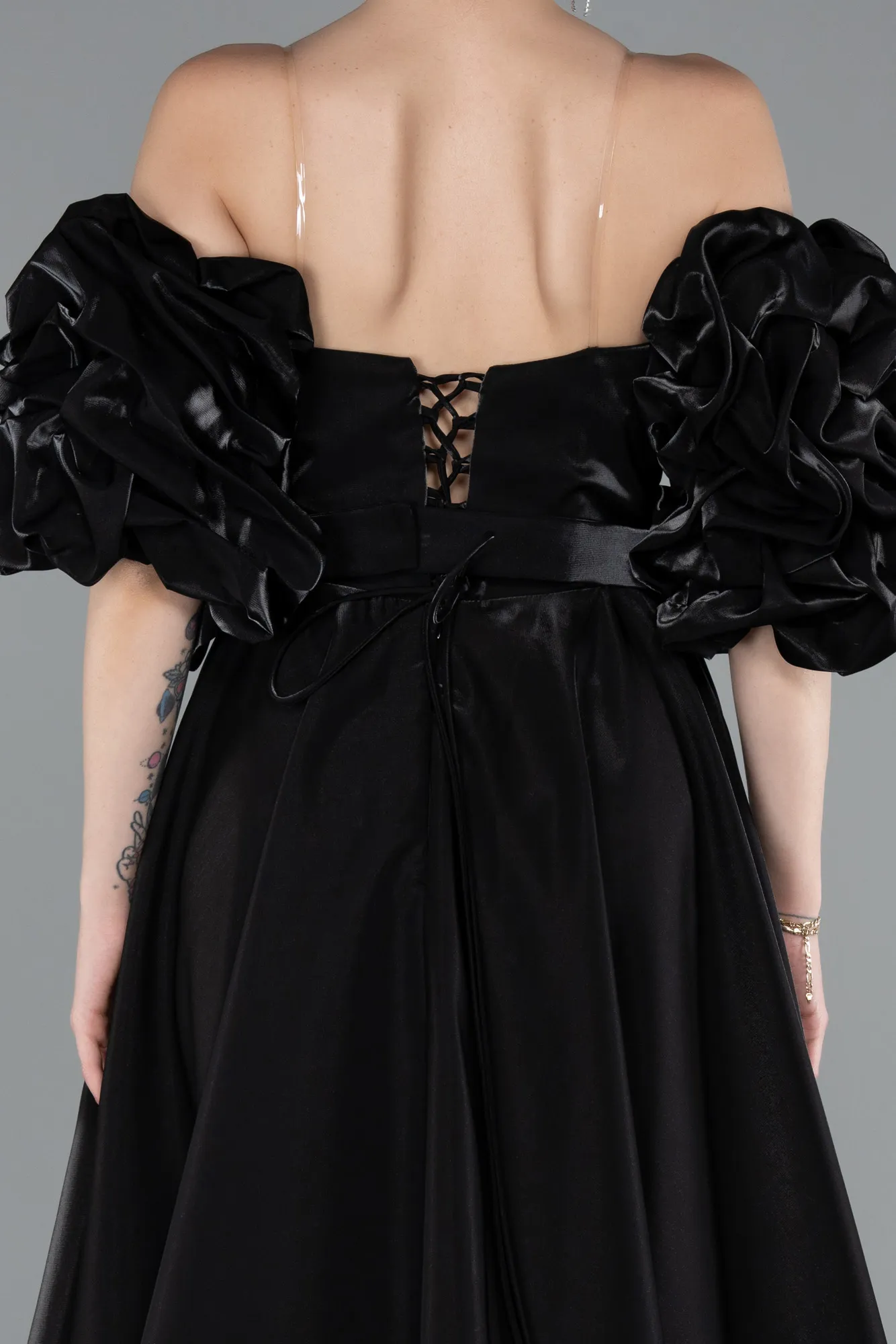Black-Strapless Sleeve Accessorized Long Taffeta Prom Dress ABU4845