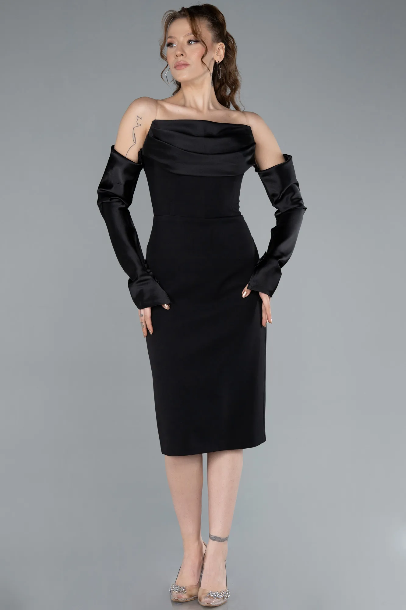Black-Strapless Sleeve Accessory Midi Party Dress ABK2273
