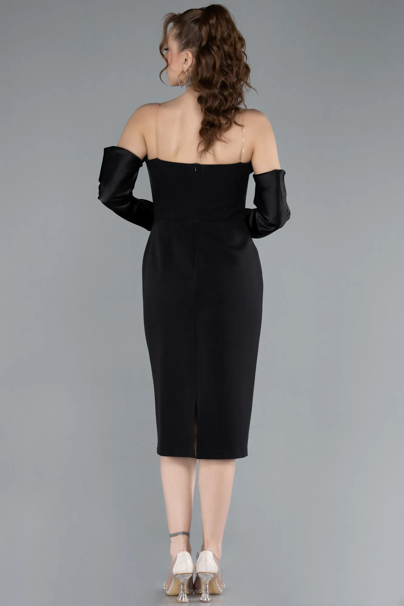 Black-Strapless Sleeve Accessory Midi Party Dress ABK2273