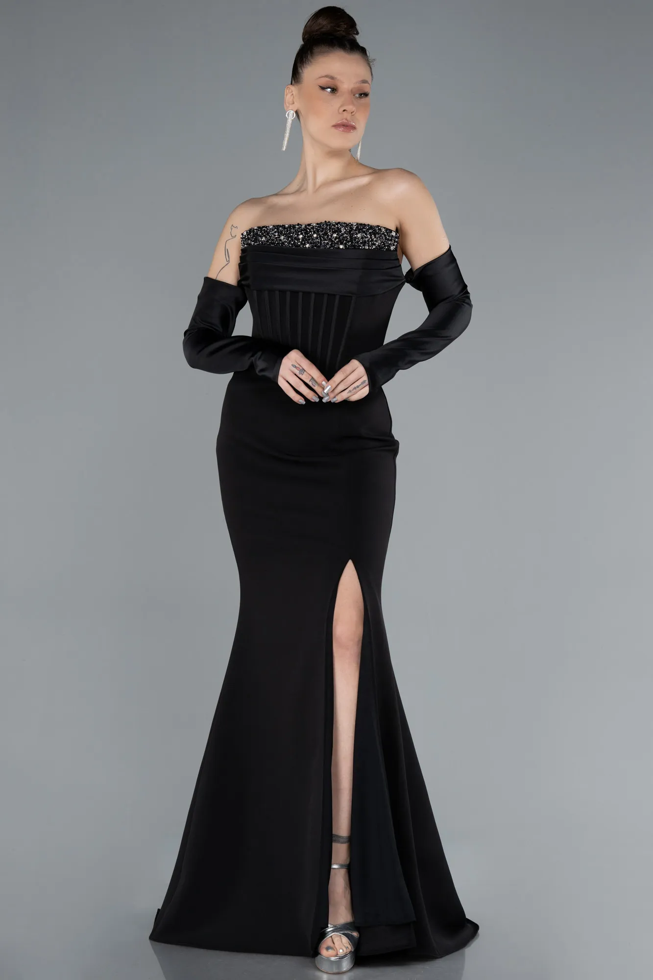 Black-Strapless Sleeve Accessory Slit Mermaid Prom Dress ABU4637