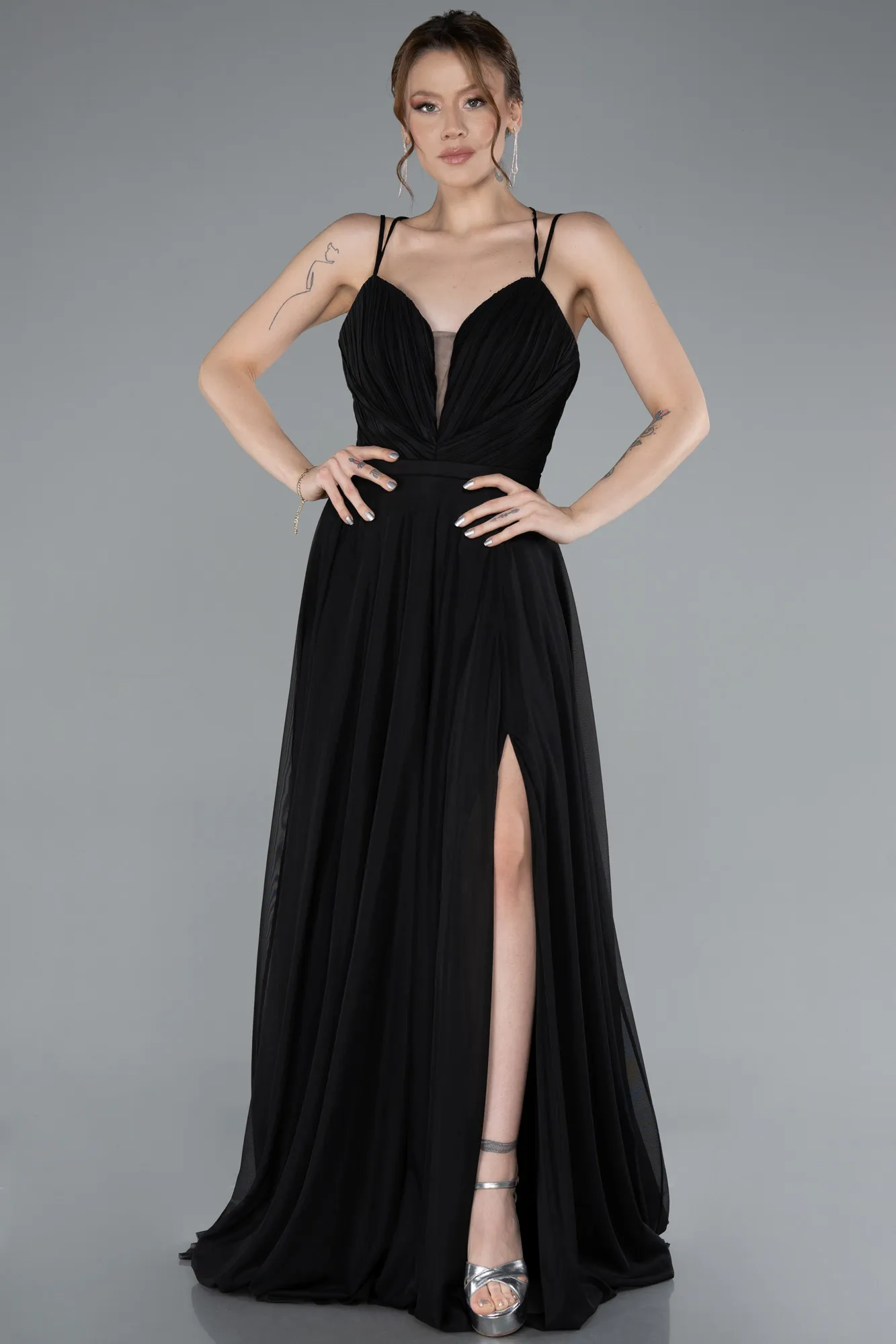Black-Strapless Slit Long Evening Dress ABU4812