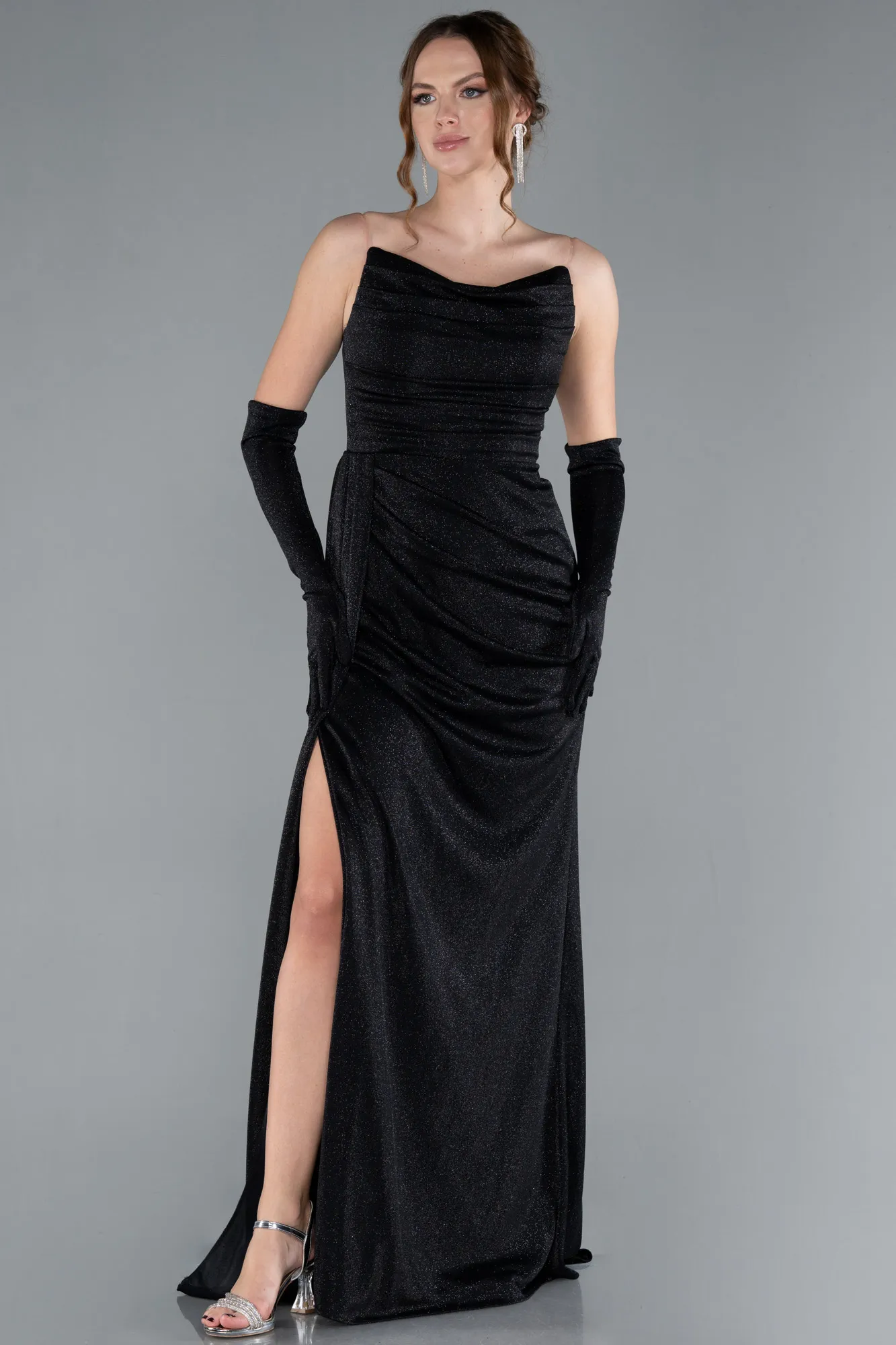 Black-Strapless Slit Long Glitter Gloves Evening Dress ABU4768