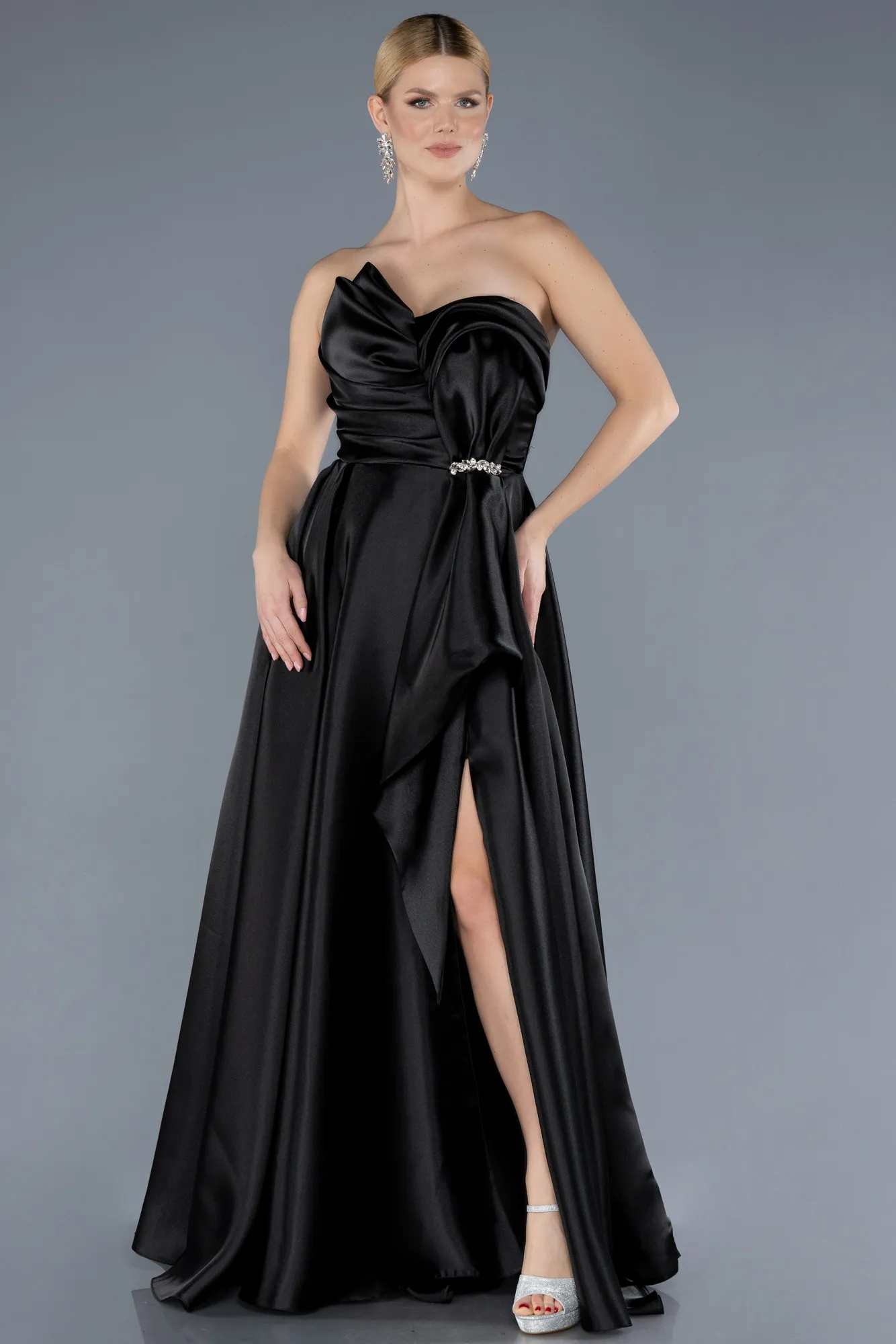 Black-Strapless Slit Long Satin Prom Dress ABU4561
