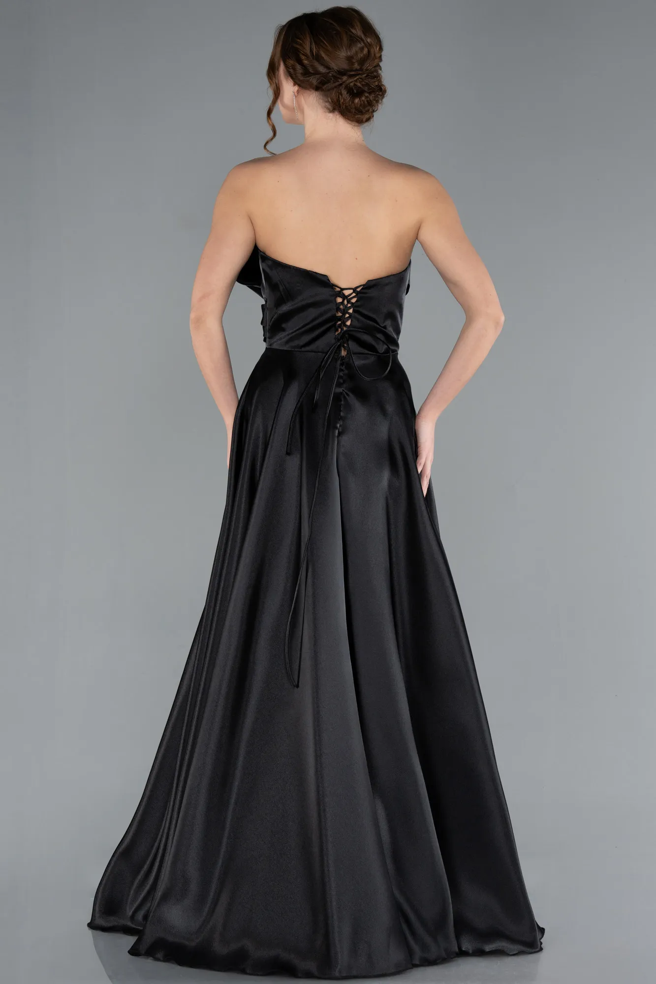 Black-Strapless Slit Long Satin Prom Dress ABU4680