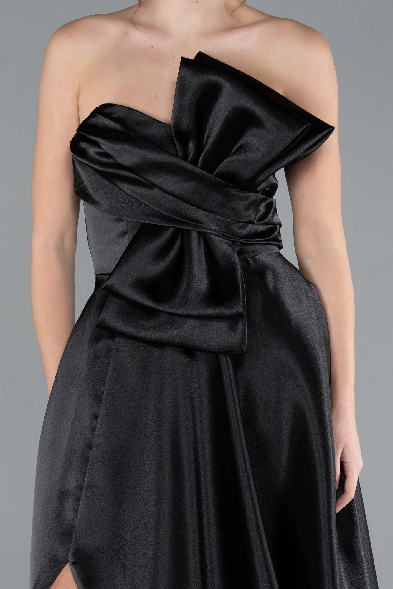 Black-Strapless Slit Long Satin Prom Dress ABU4680