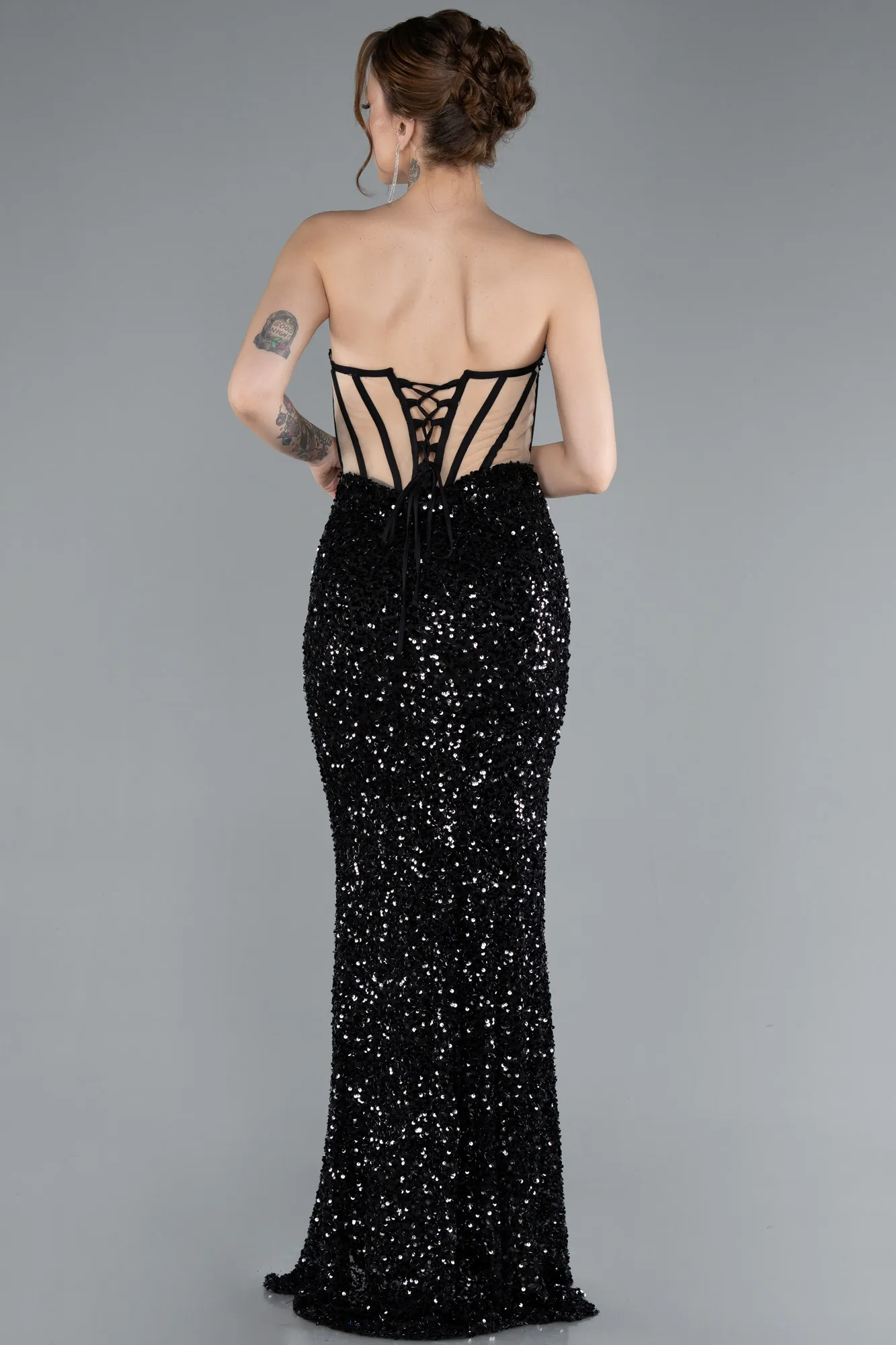 Black-Strapless Slit Long Scaly Mermaid Prom Dress ABU4790