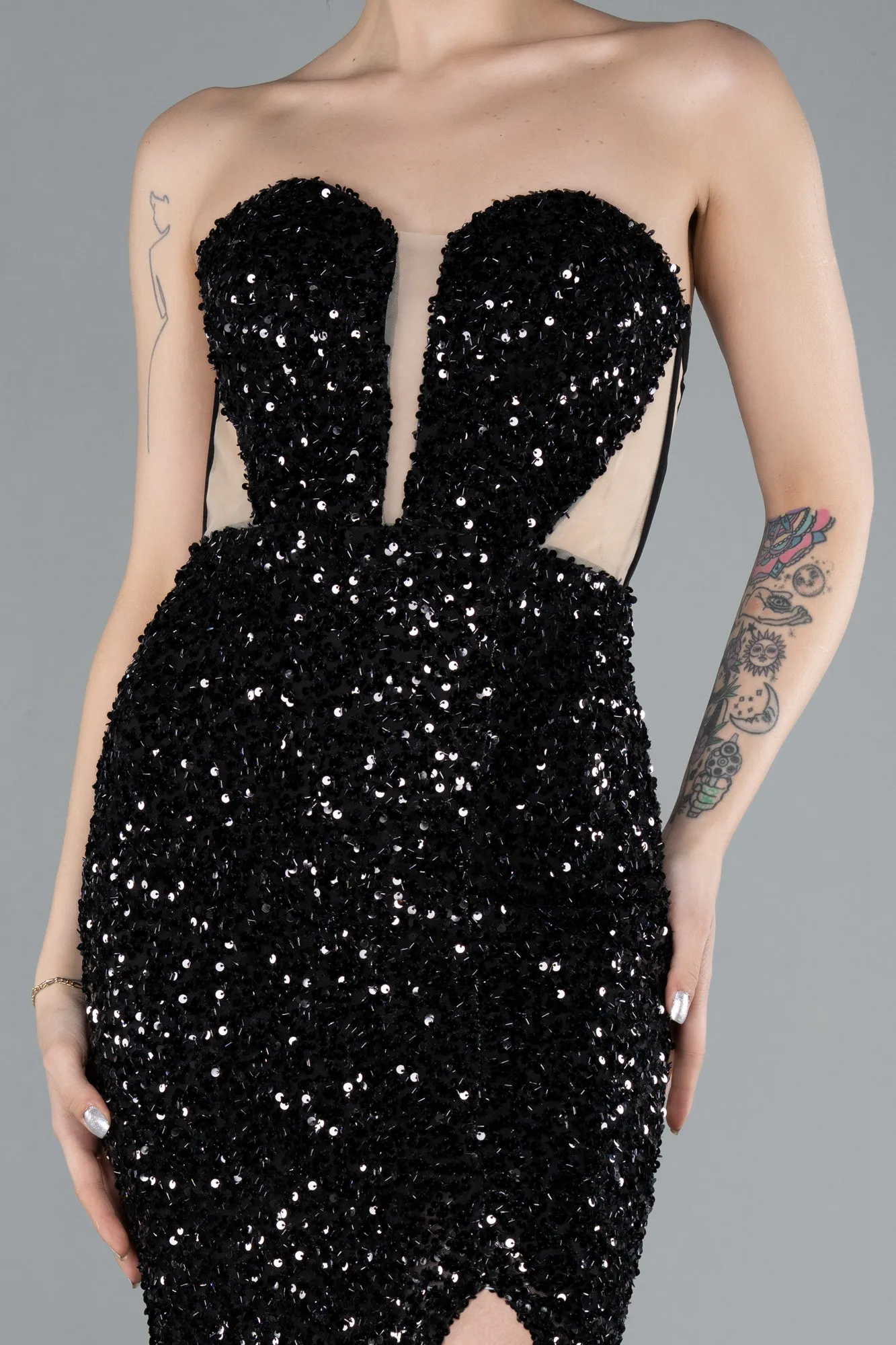 Black-Strapless Slit Long Scaly Mermaid Prom Dress ABU4790