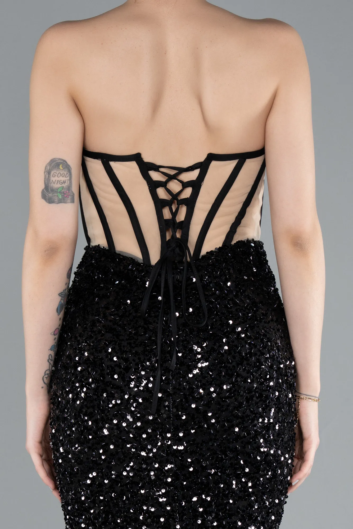 Black-Strapless Slit Long Scaly Mermaid Prom Dress ABU4790