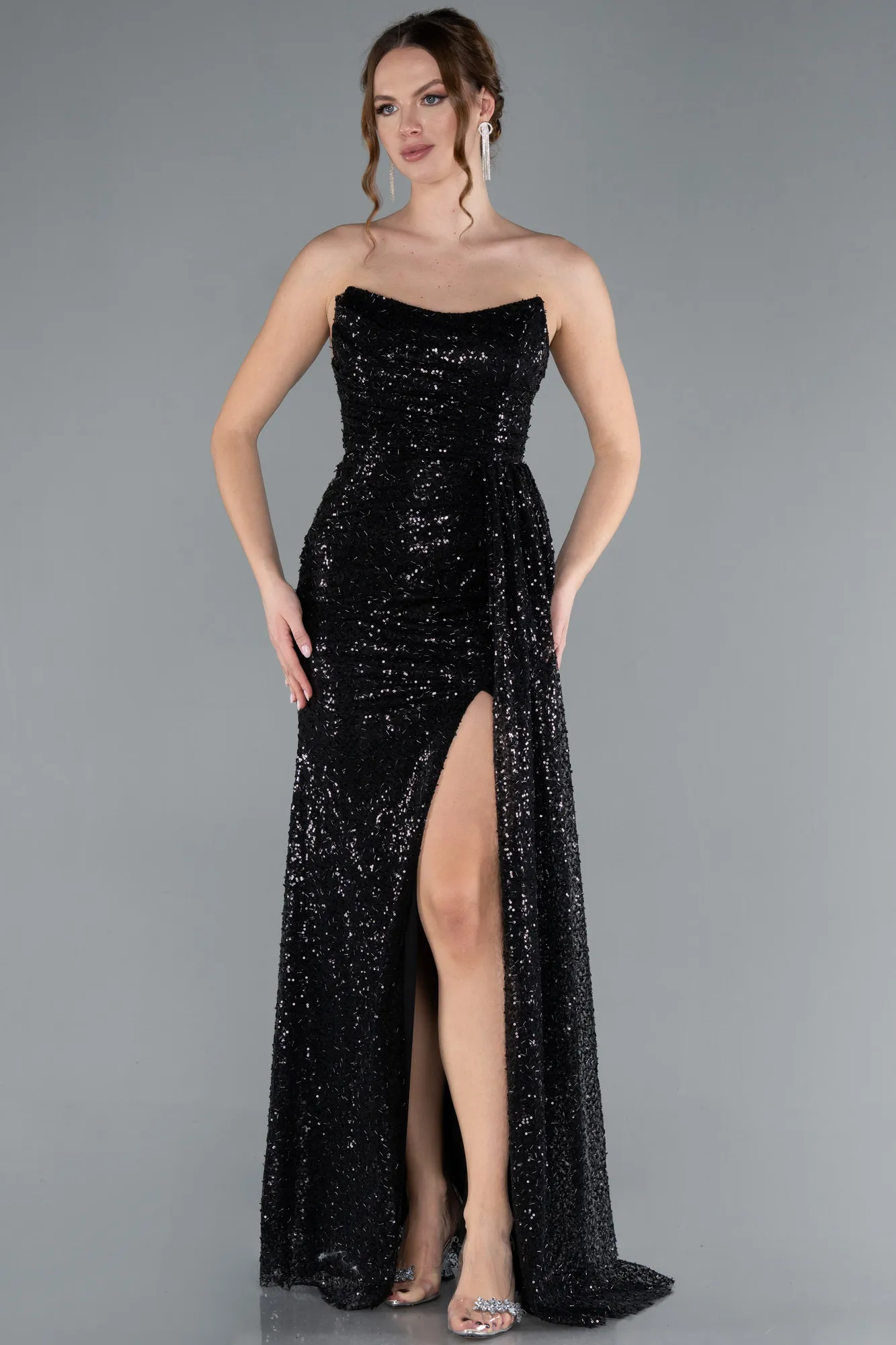 Black-Strapless Slit Long Sequined Evening Gown ABU4776