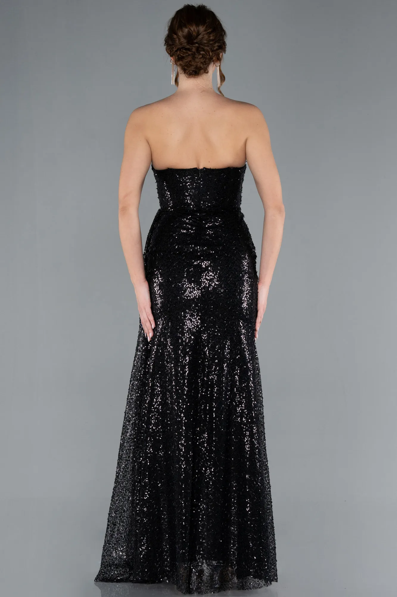 Black-Strapless Slit Long Sequined Evening Gown ABU4776