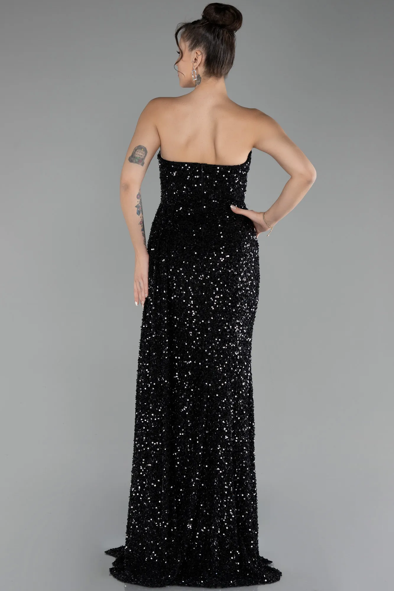 Black-Strapless Slit Long Sequined Prom Gown ABU4242
