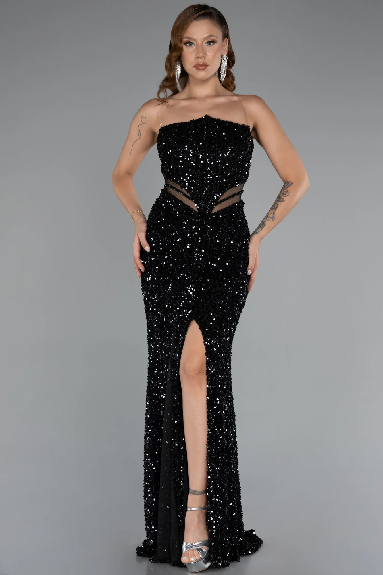 Black-Strapless Slit Long Sequined Special Design Evening Gown ABU4799