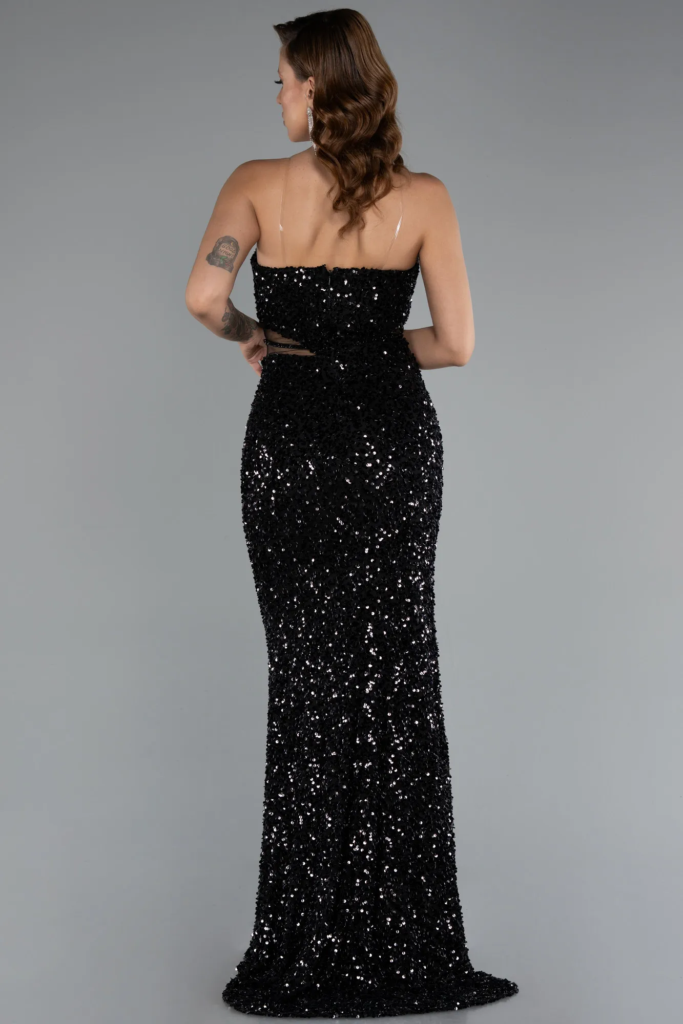 Black-Strapless Slit Long Sequined Special Design Evening Gown ABU4799