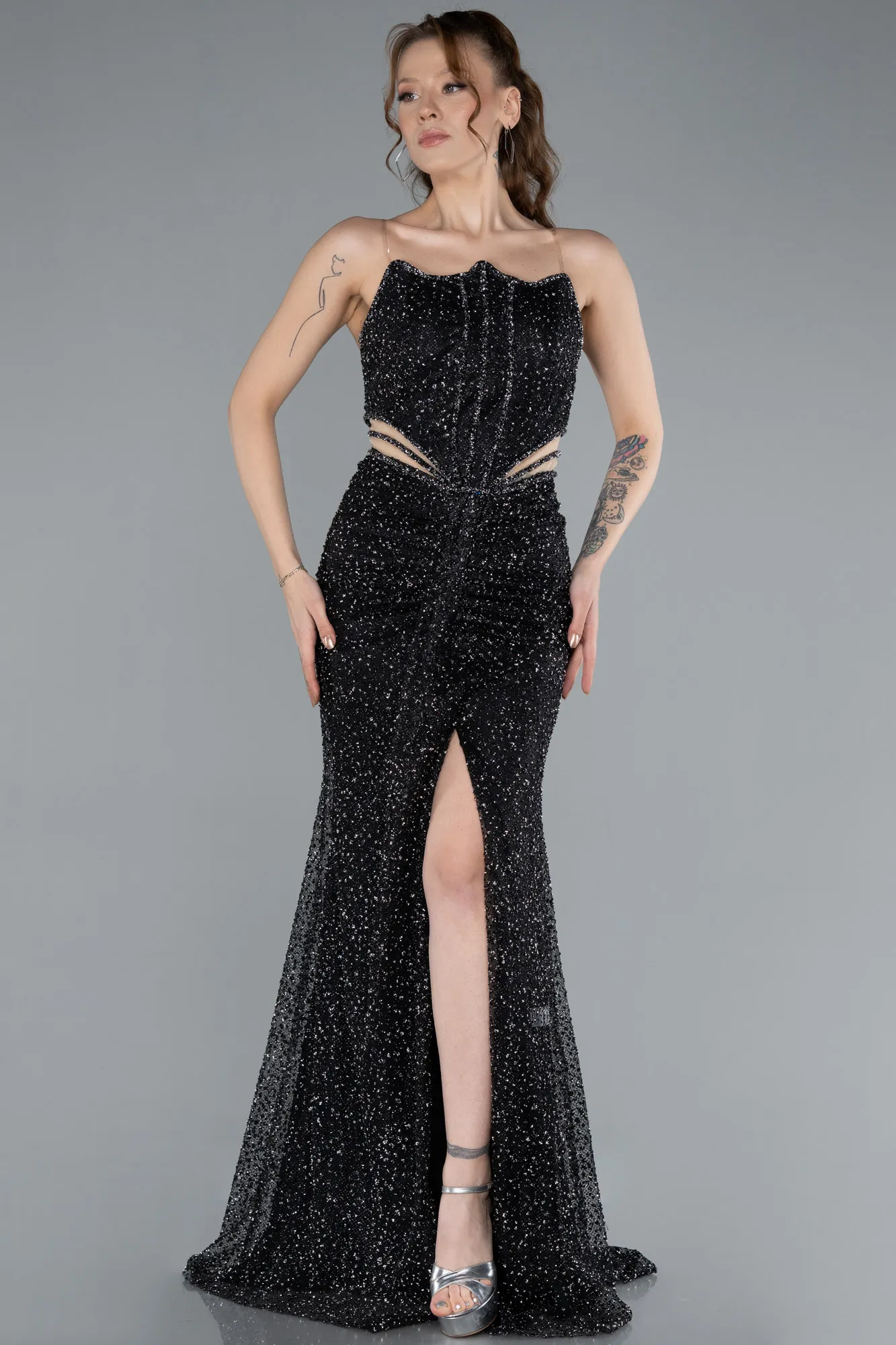 Black-Strapless Slit Long Stone Special Design Evening Gown ABU4704