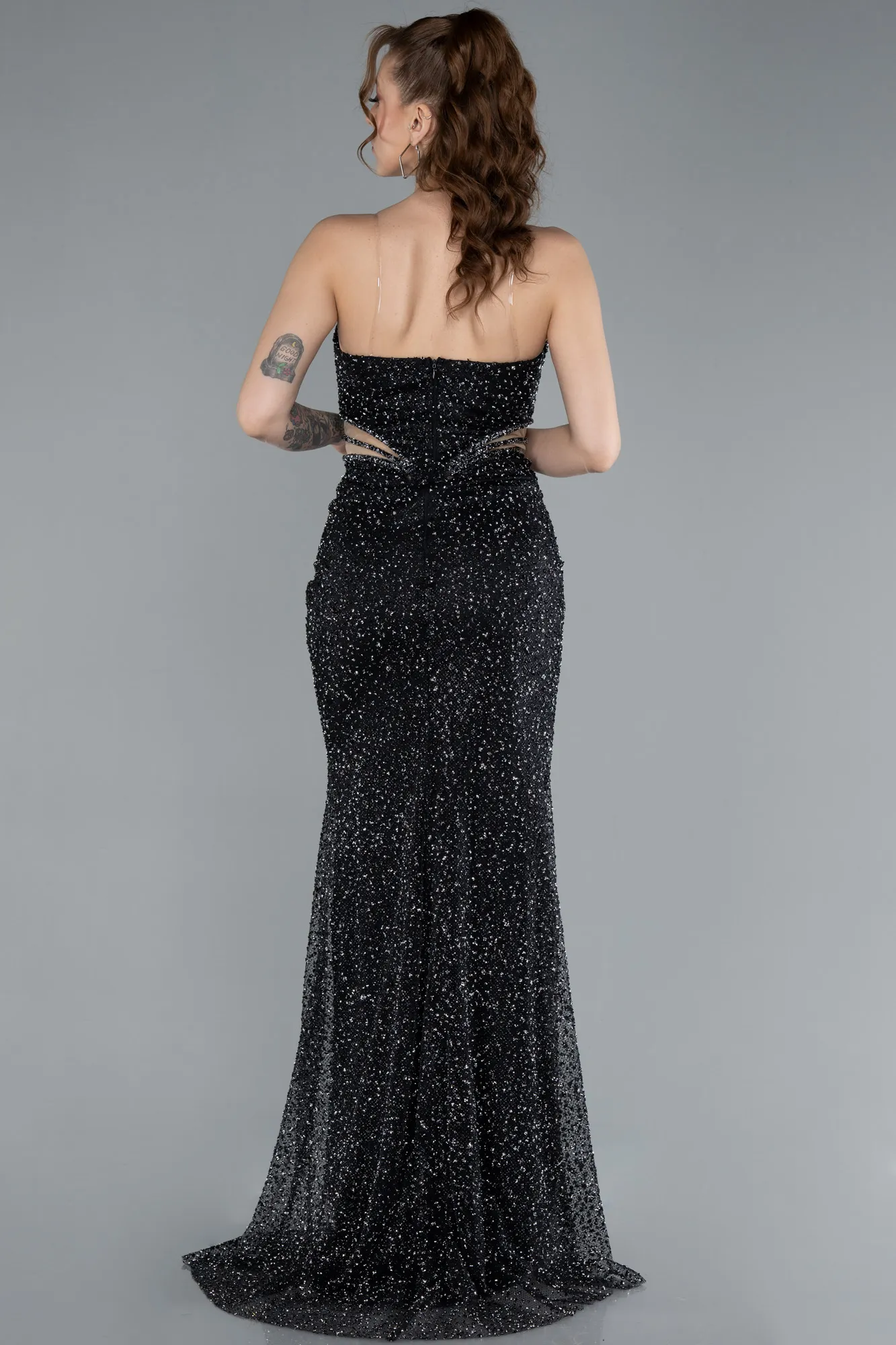 Black-Strapless Slit Long Stone Special Design Evening Gown ABU4704