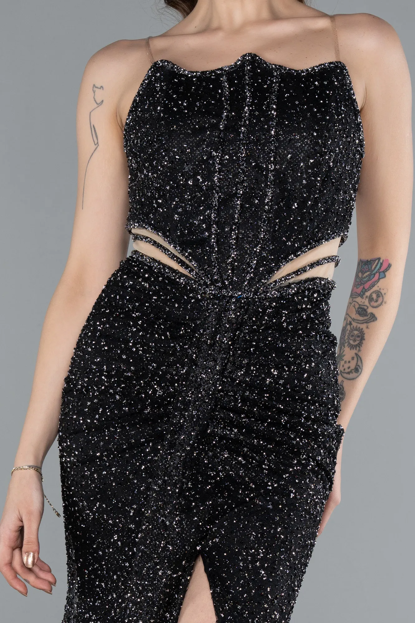 Black-Strapless Slit Long Stone Special Design Evening Gown ABU4704