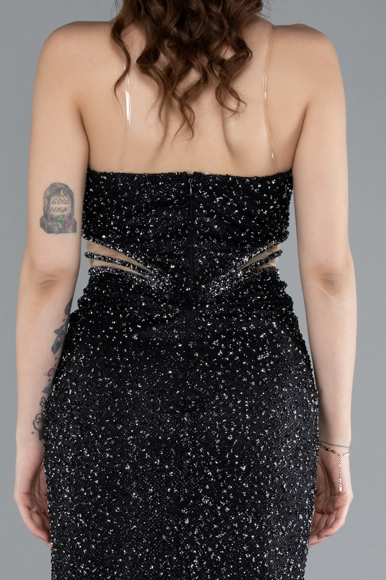 Black-Strapless Slit Long Stone Special Design Evening Gown ABU4704