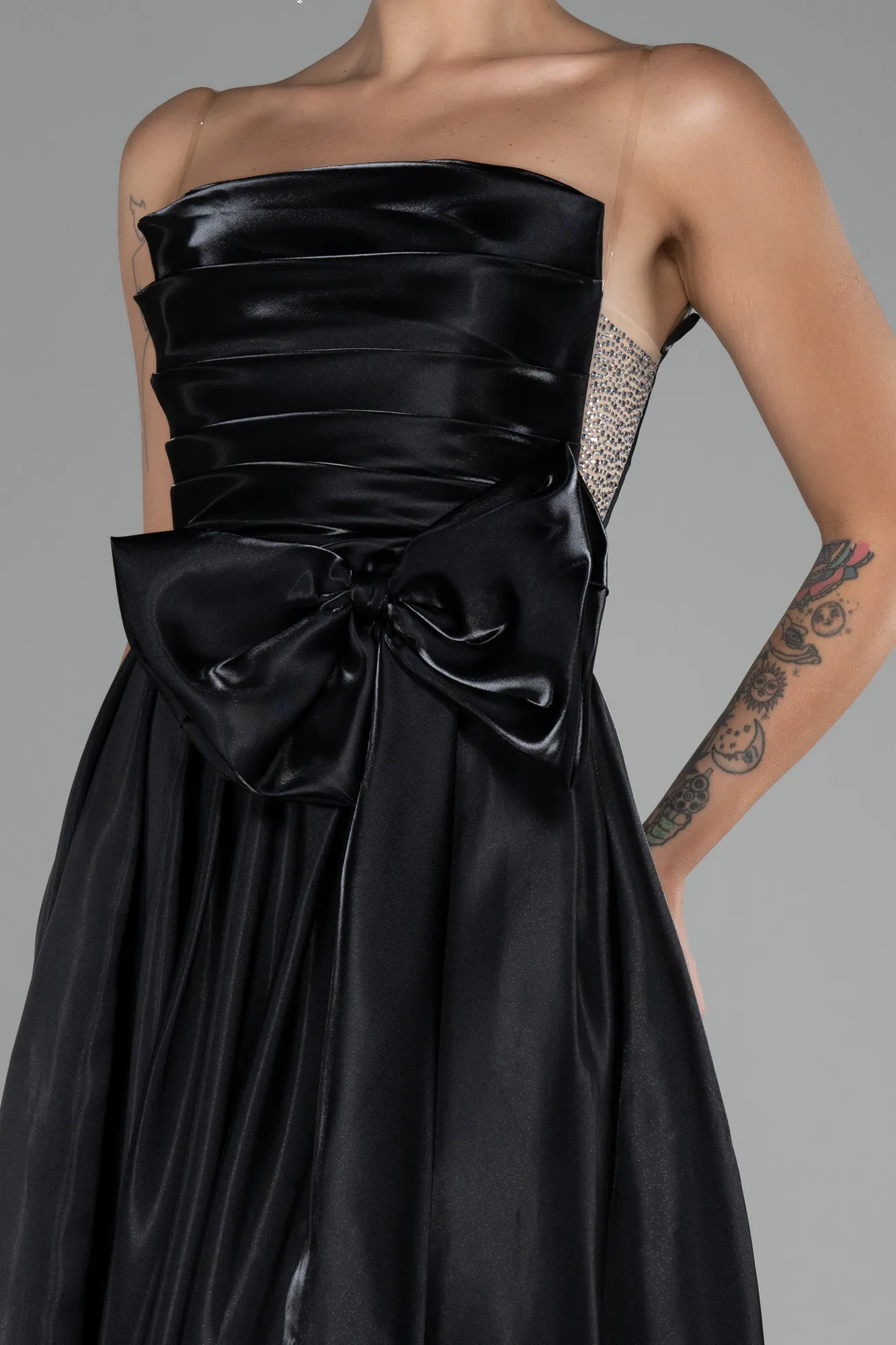 Black-Strapless Slit Midi Taffeta Evening Dress ABK2124