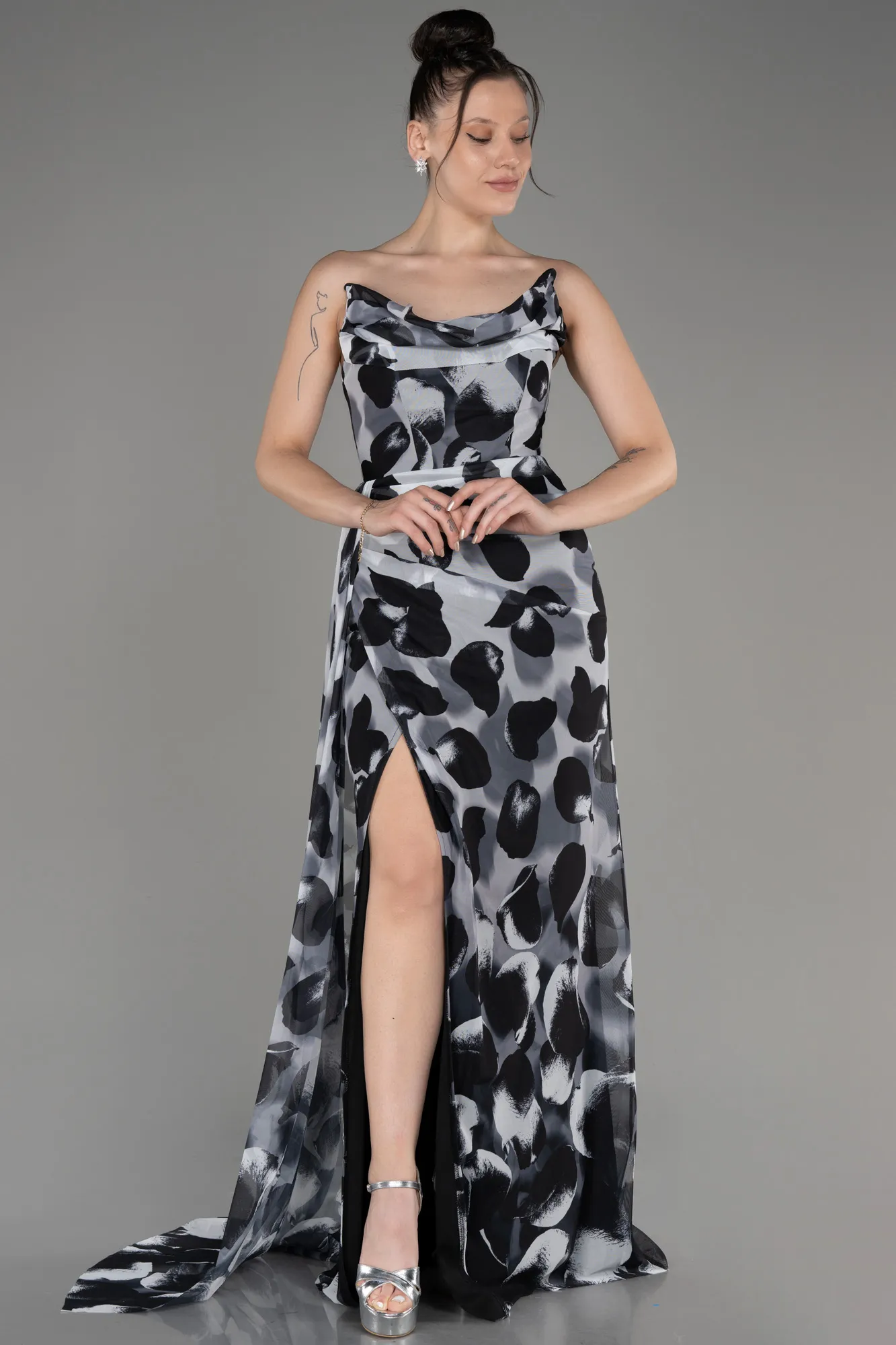 Black-Strapless Slit Print Prom Dress ABU4360