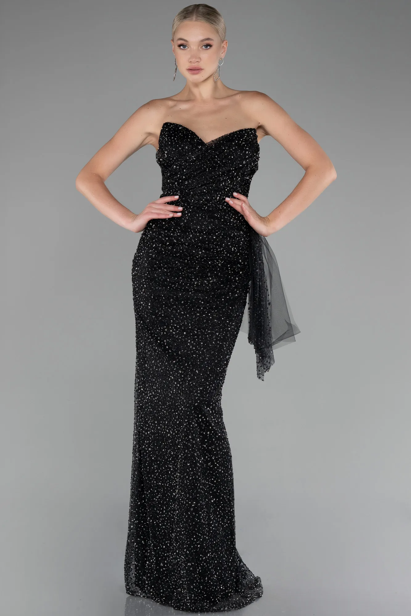 Black-Strapless Stoned Long Evening Gown ABU4066