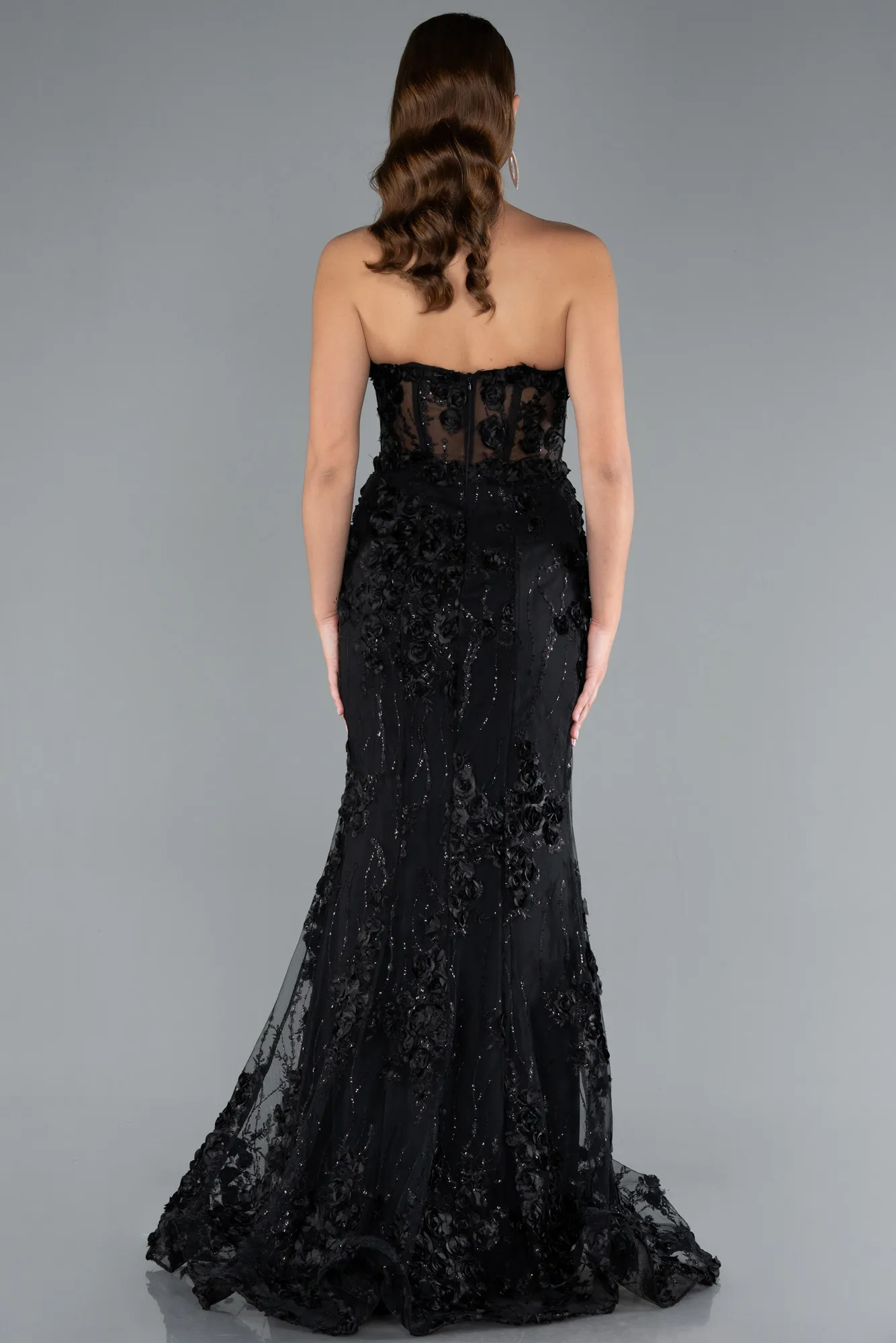 Black-Strapless Three Dimensional Floral Long Mermaid Evening Gown ABU5571