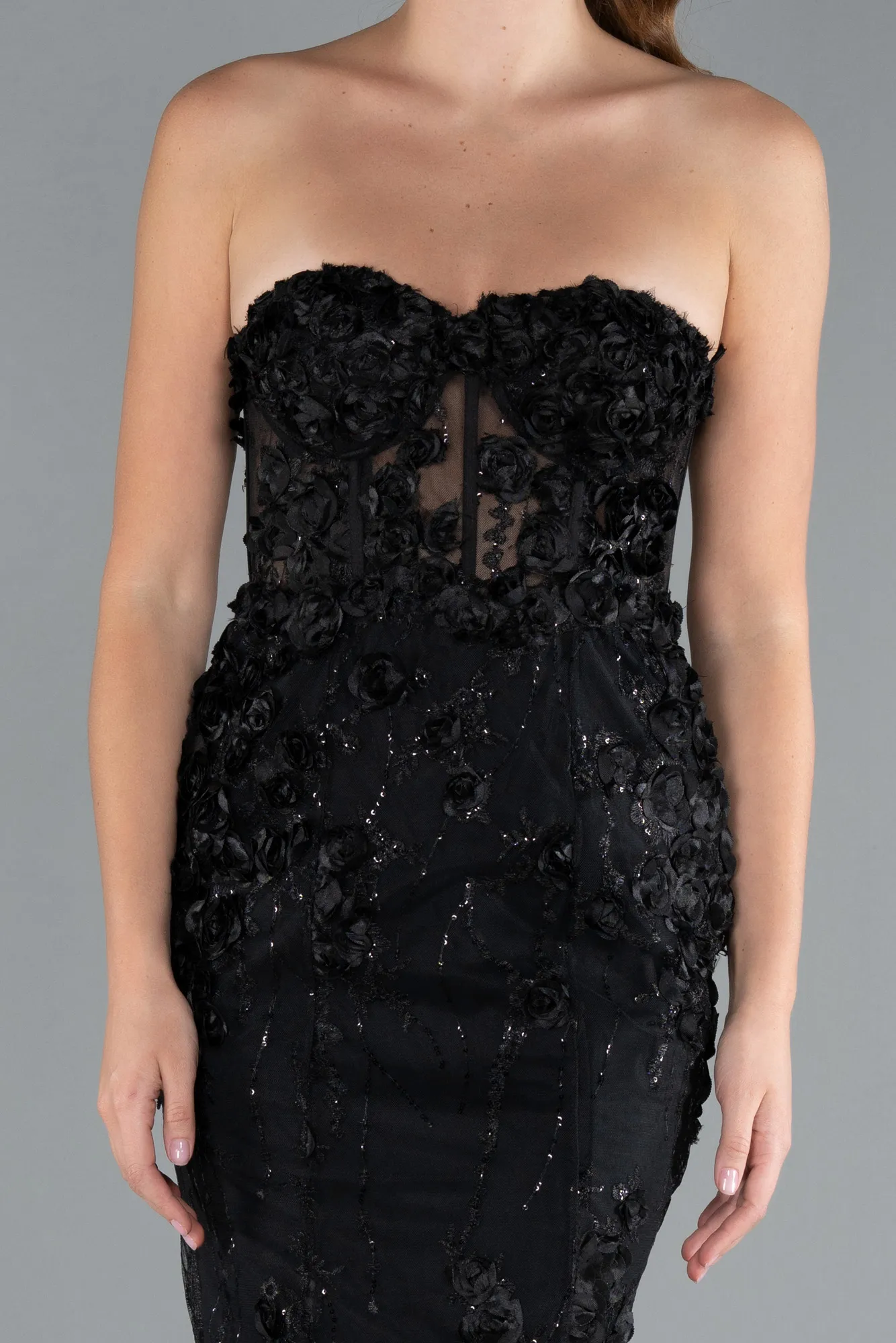 Black-Strapless Three Dimensional Floral Long Mermaid Evening Gown ABU5571