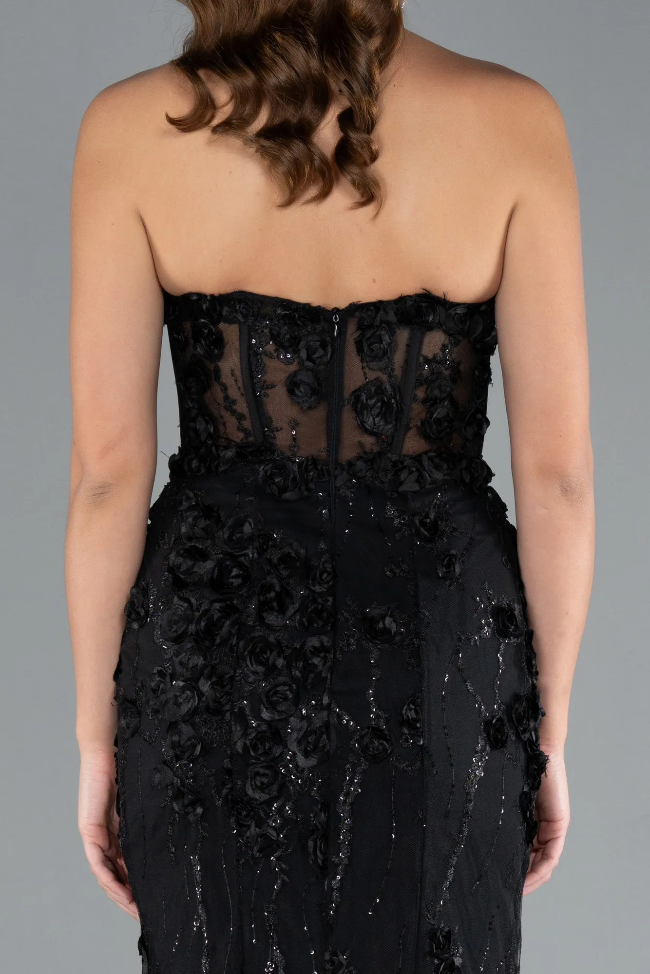 Black-Strapless Three Dimensional Floral Long Mermaid Evening Gown ABU5571