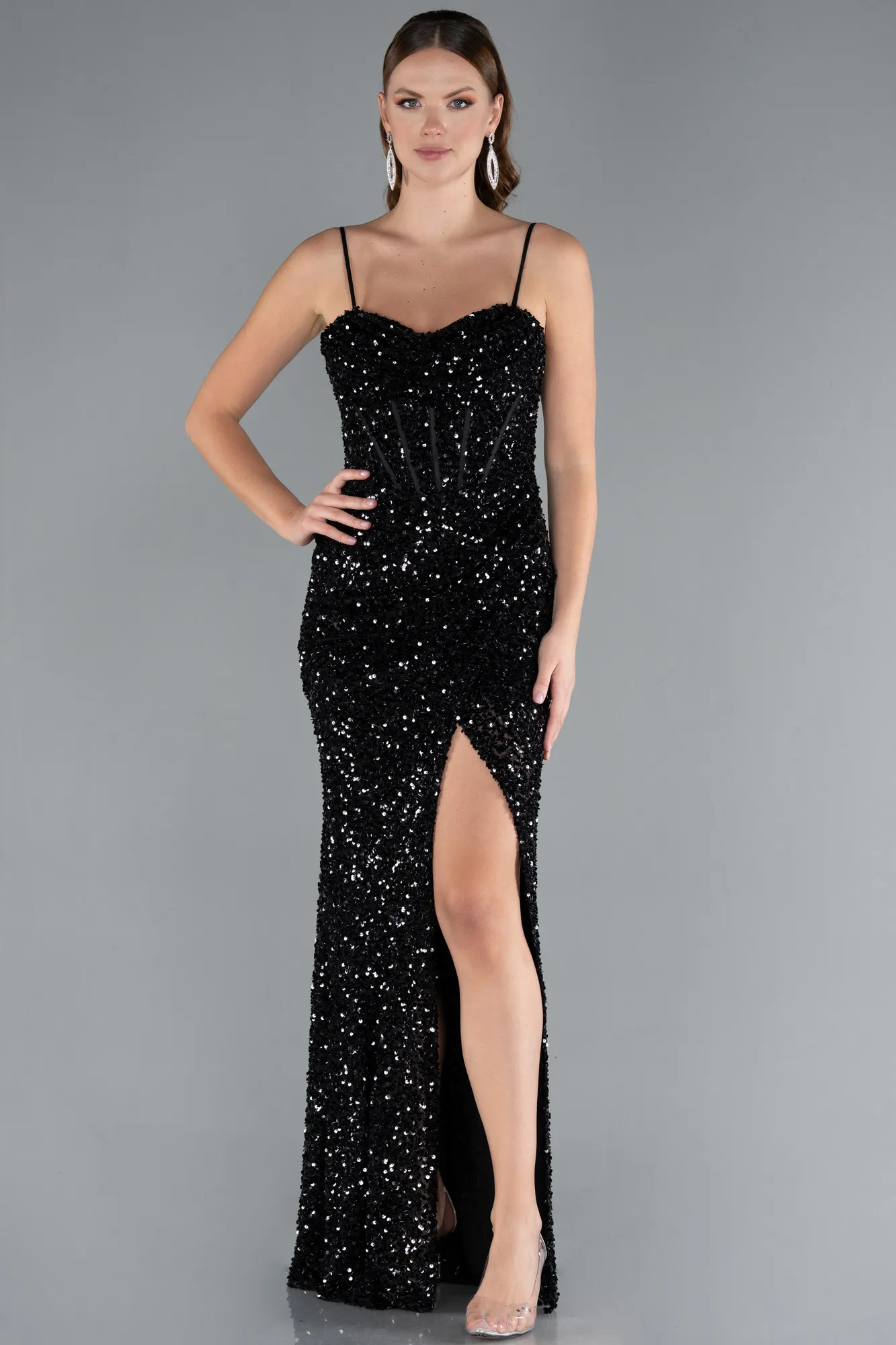 Black-Strapless Underwire Slit Long Sequin Evening Gown ABU4842