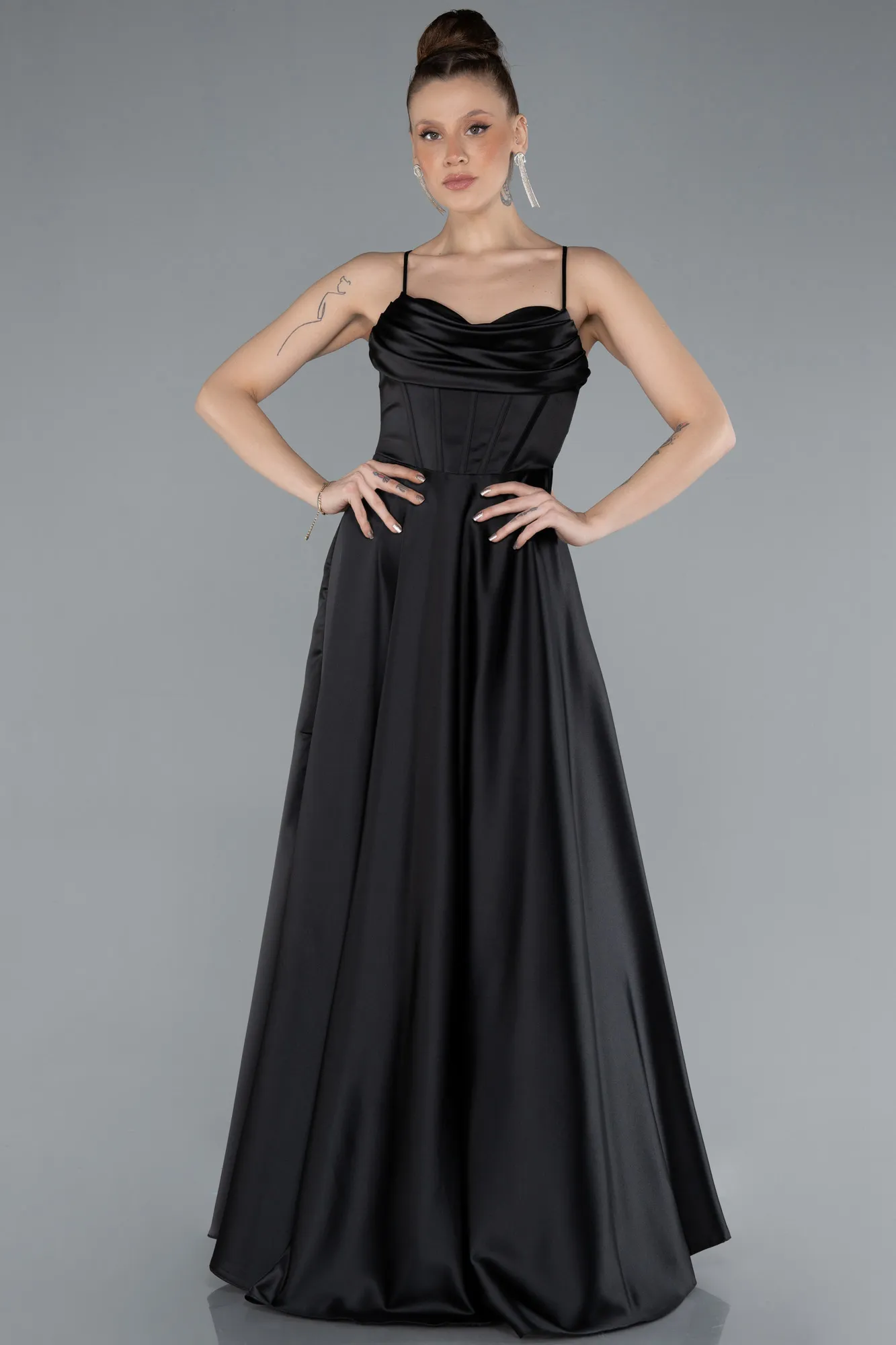 Black-Strappy Long Satin Prom Dress ABU4684
