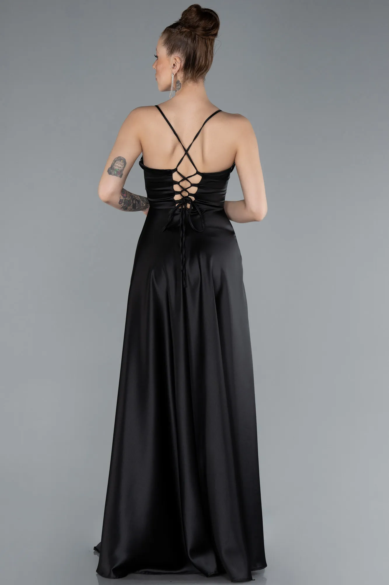 Black-Strappy Long Satin Prom Dress ABU4684