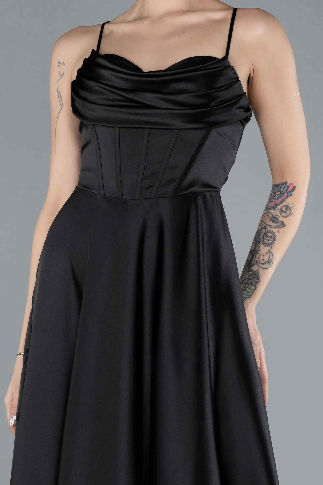 Black-Strappy Long Satin Prom Dress ABU4684