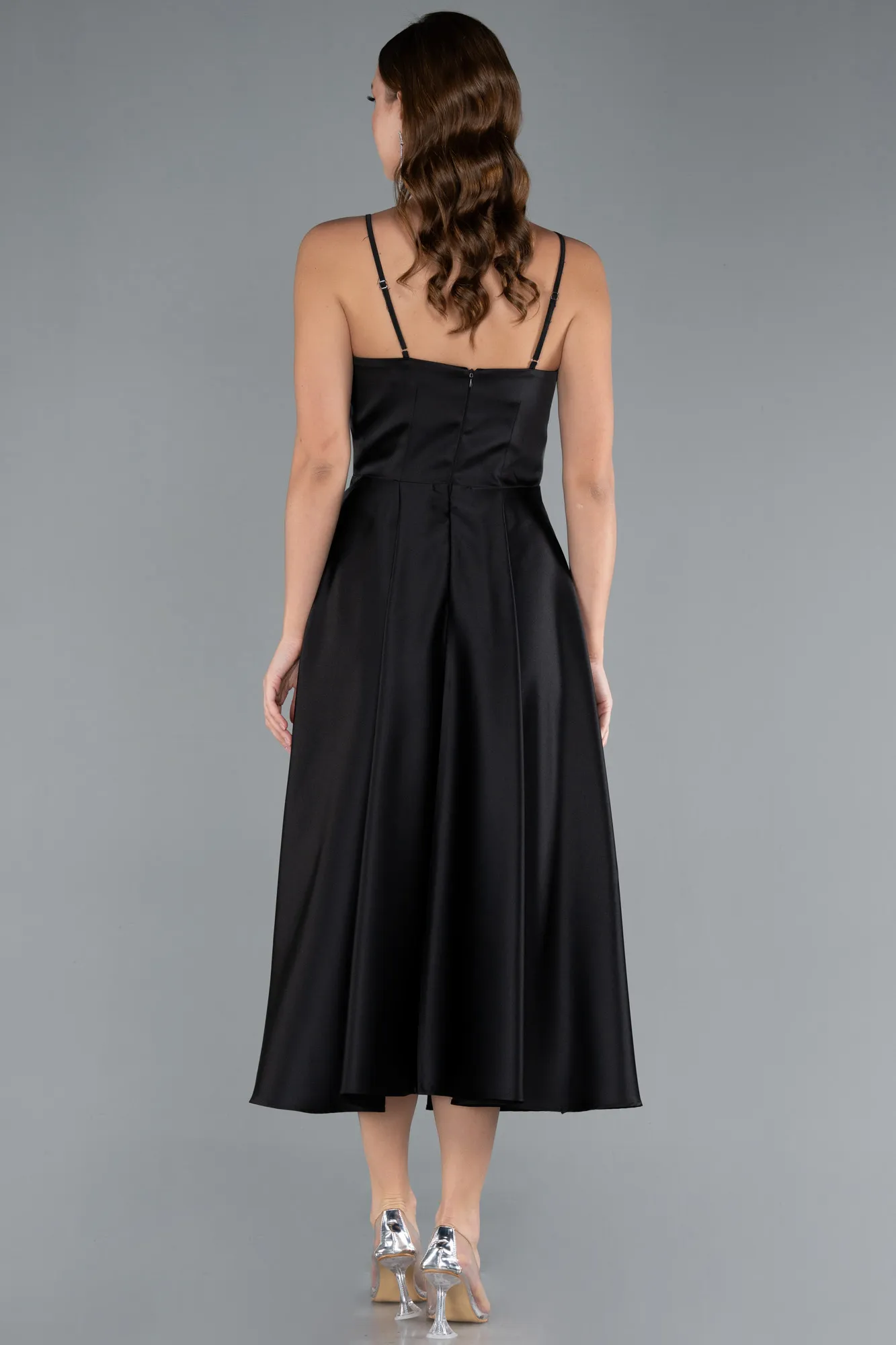 Black-Strappy Midi Satin Invitation Dress ABK2316