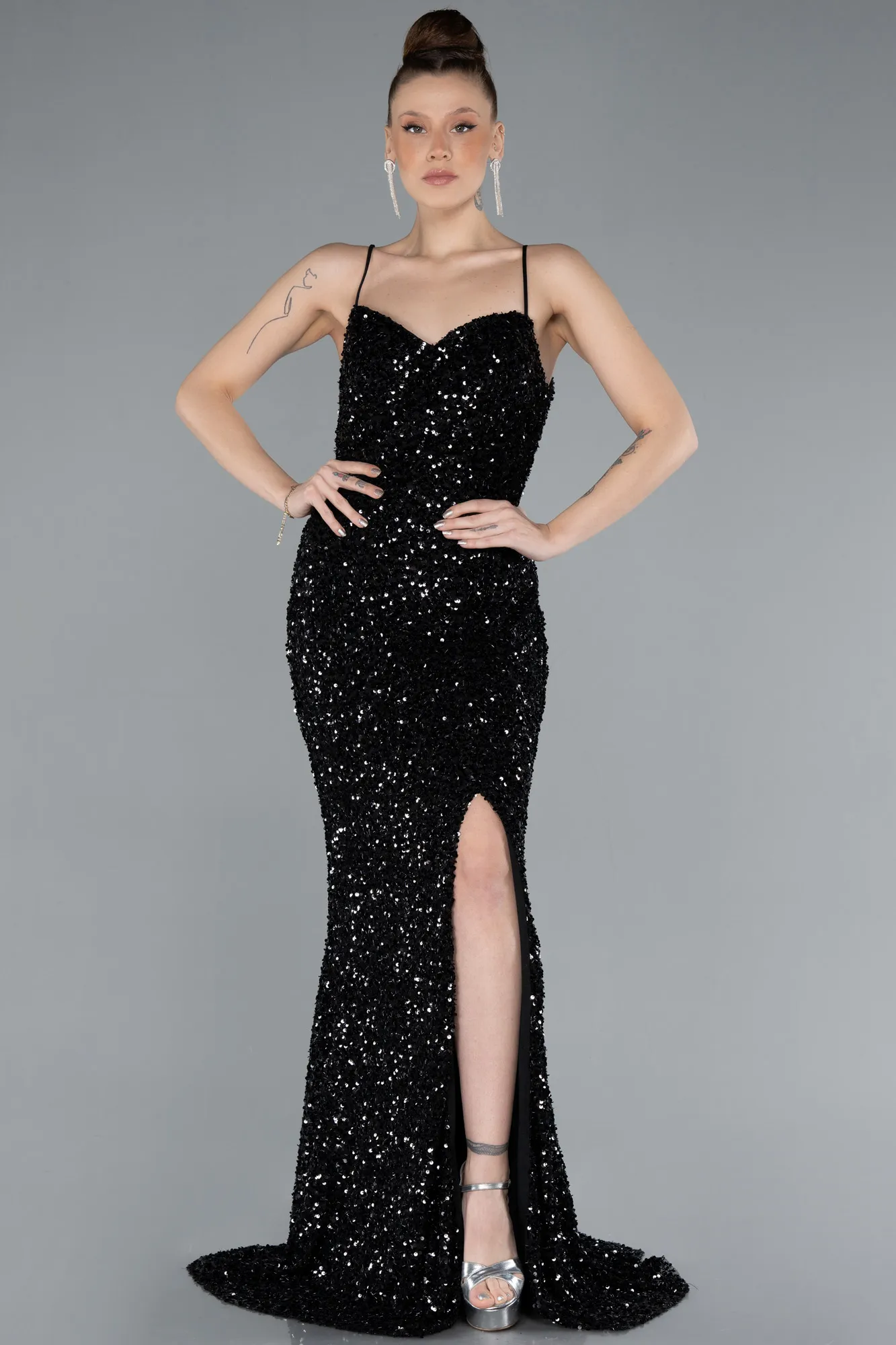 Black-Strappy Sequin Slit Evening Gown ABU4681