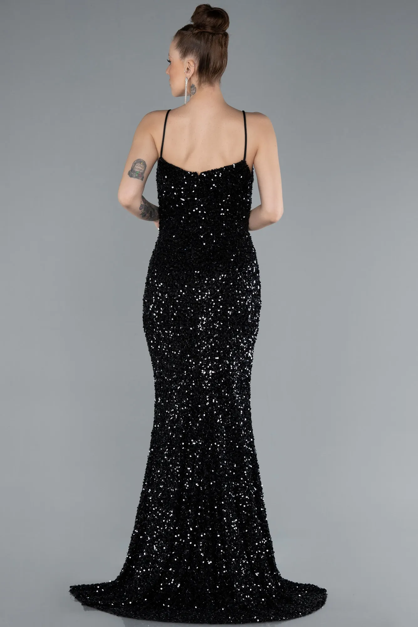 Black-Strappy Sequin Slit Evening Gown ABU4681