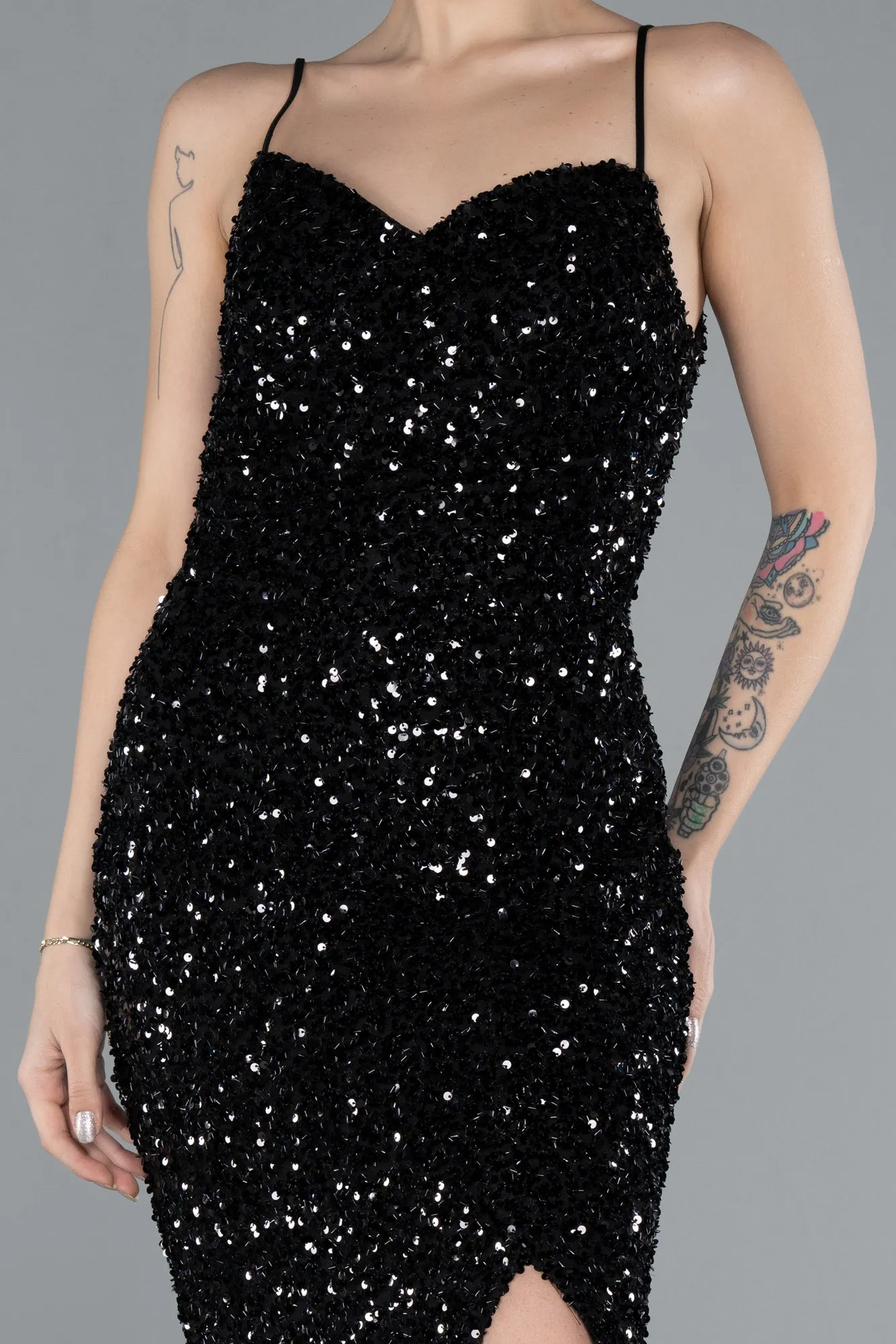 Black-Strappy Sequin Slit Evening Gown ABU4681