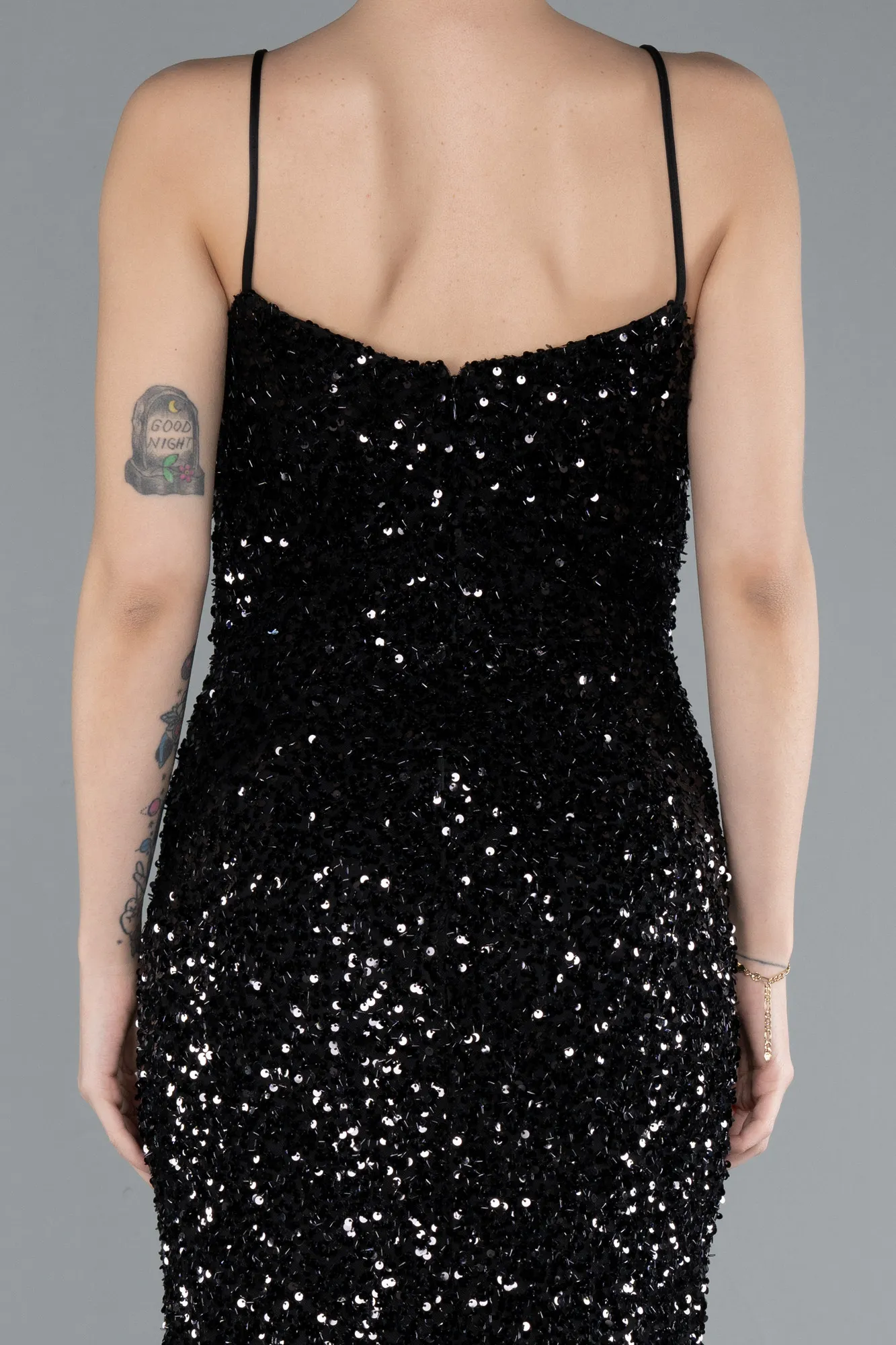 Black-Strappy Sequin Slit Evening Gown ABU4681