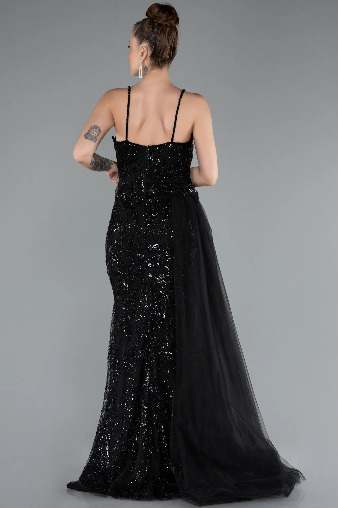 Black-Strappy Tail Long Beaded Special Design Evening Dress ABU5003