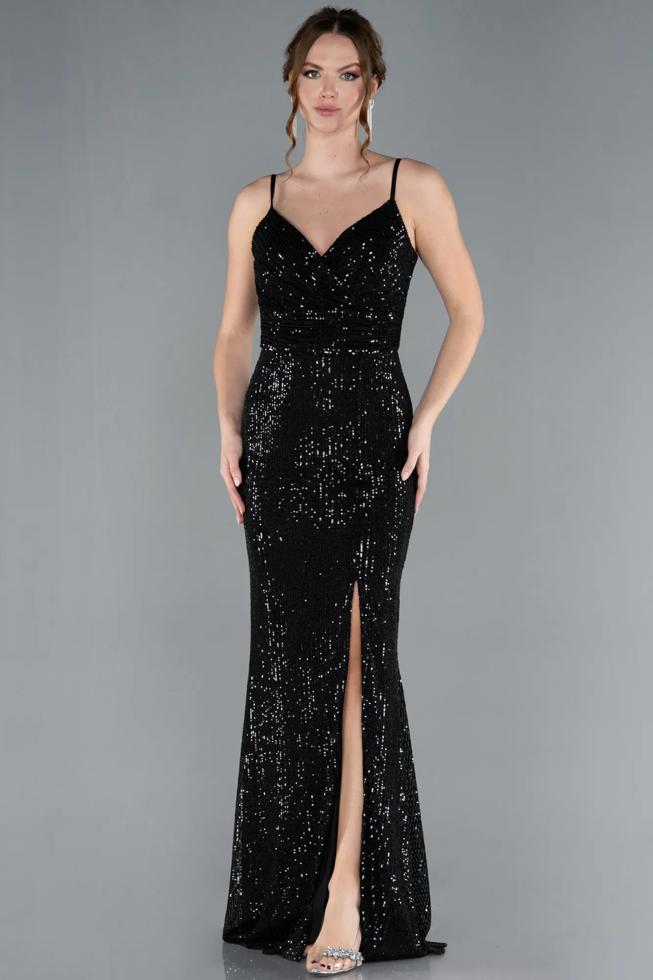 Black-Straps Slit Long Sequined Evening Prom Dress ABU4780