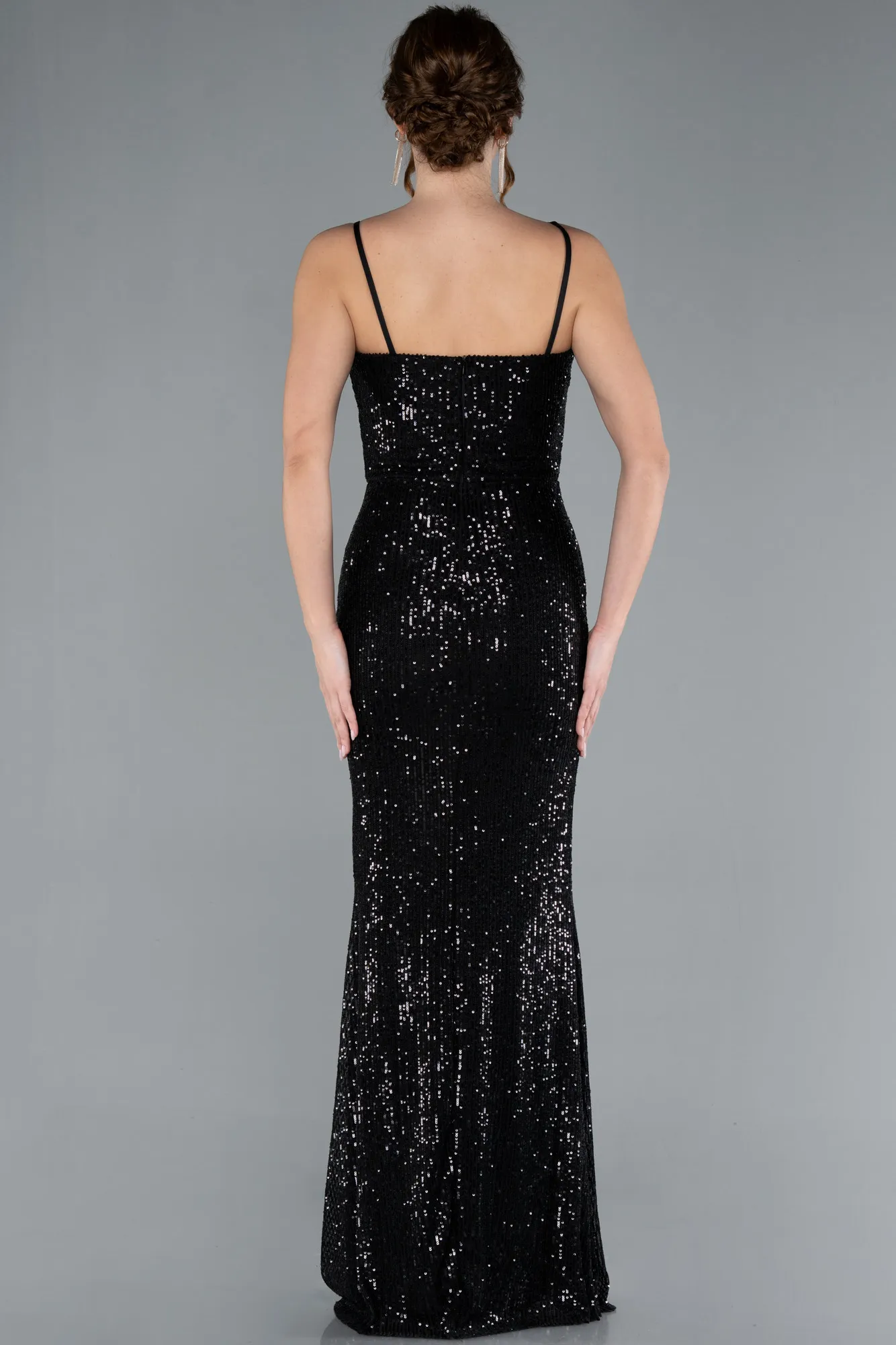 Black-Straps Slit Long Sequined Evening Prom Dress ABU4780
