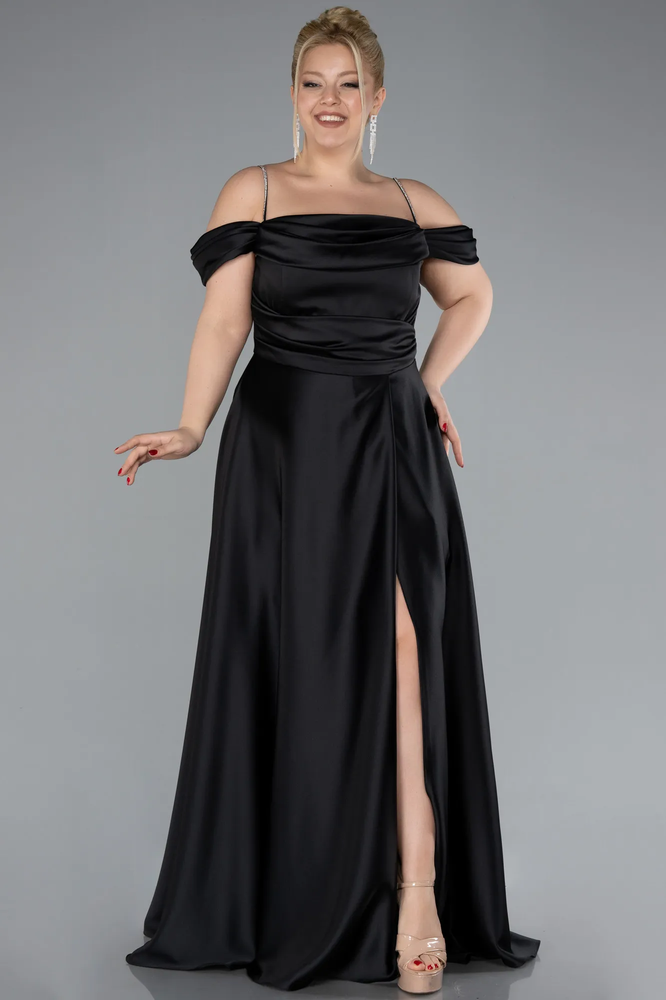 Black-Strapy Slit Long Satin Plus Size Evening Gown ABU4528