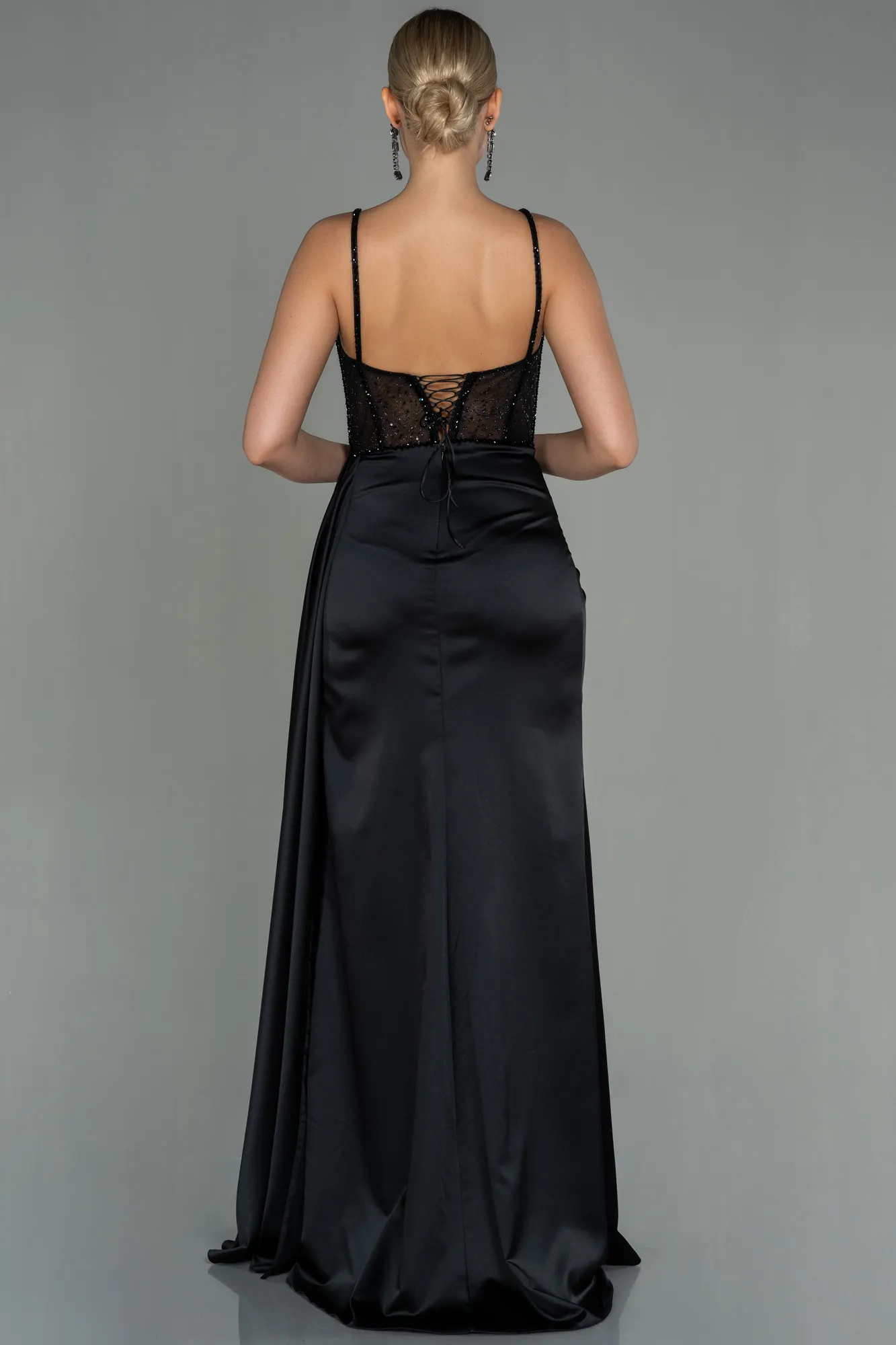 Black-Transparent Slit Long Satin Evening Gown ABU3030